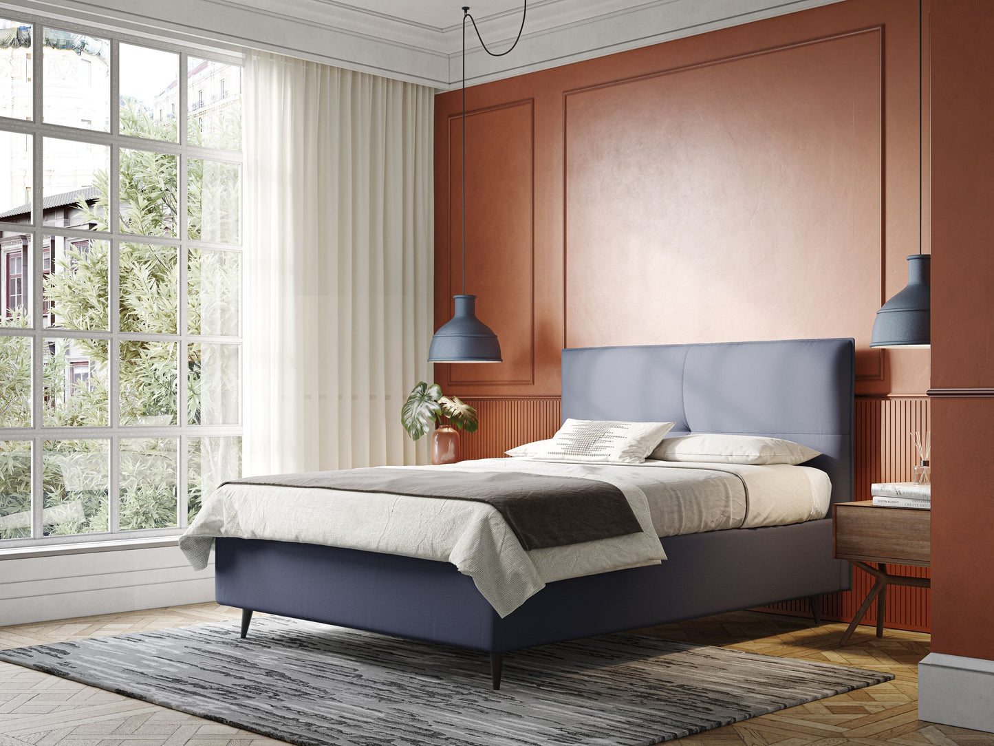 Greta letto contenitore dimensioni SLIM con testata trapuntata in ecopelle impermeabile T04 blu 