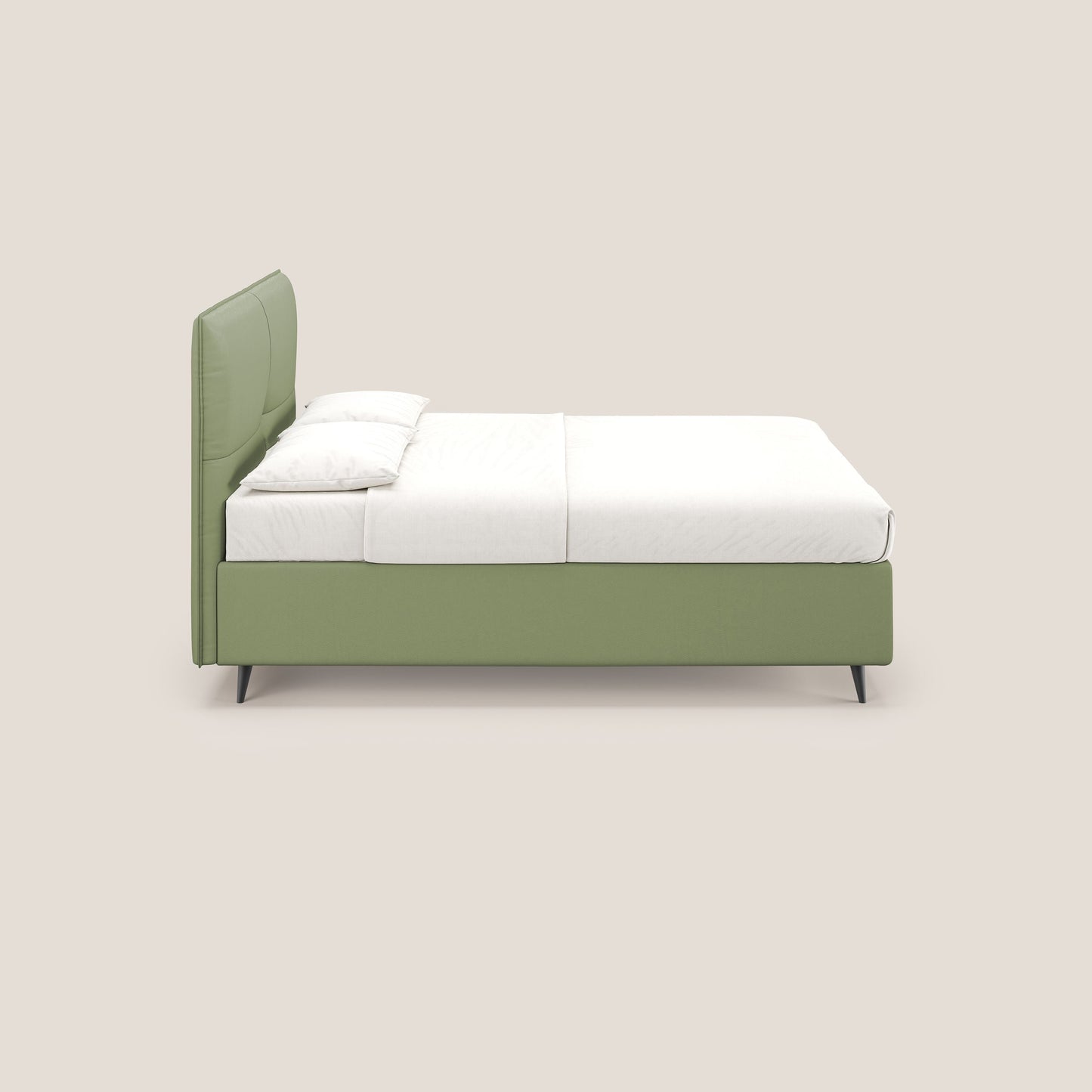 Greta letto contenitore dimensioni SLIM con testata trapuntata in ecopelle impermeabile T04 verde 