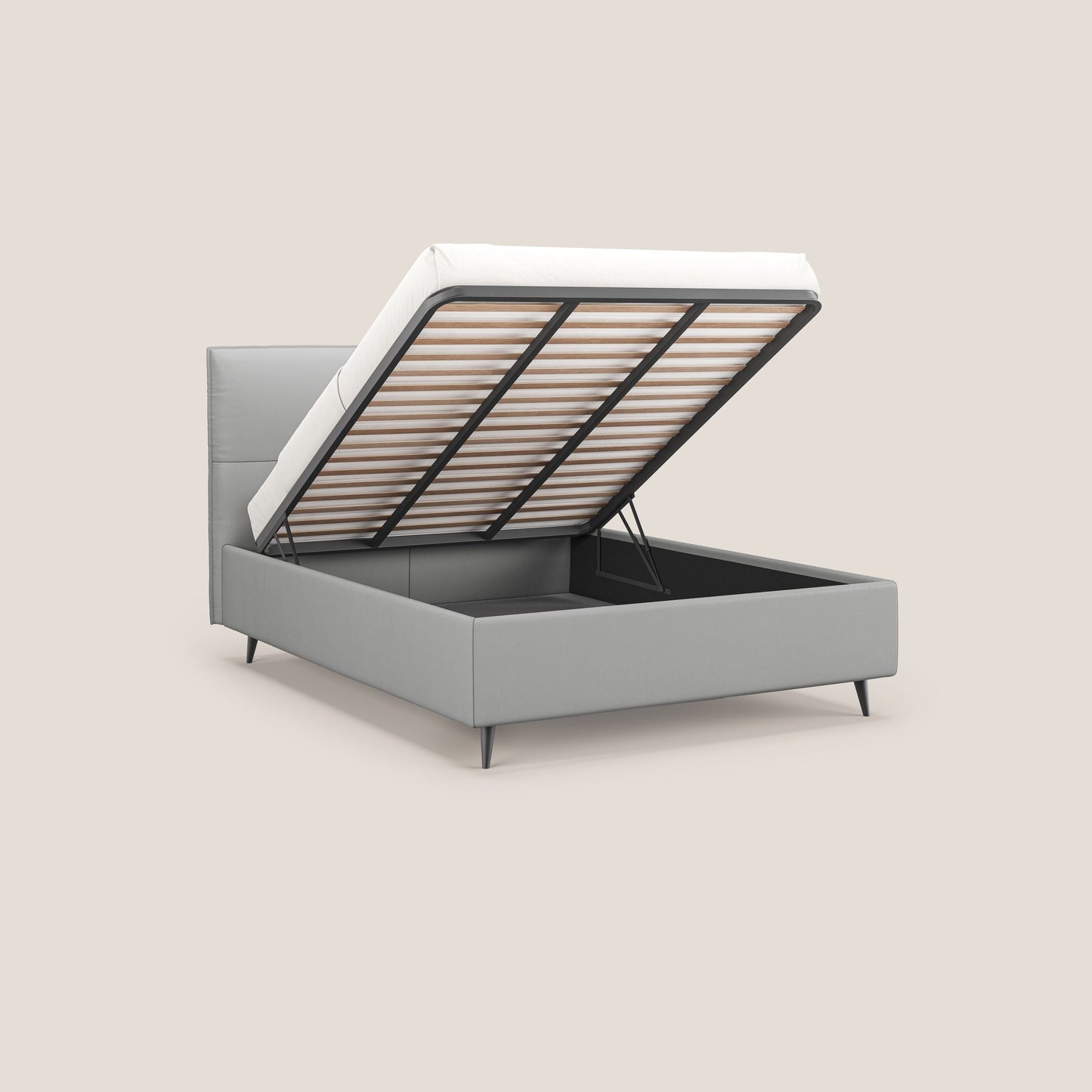 Greta letto contenitore dimensioni SLIM con testata trapuntata in ecopelle impermeabile T04 grigio chiaro 