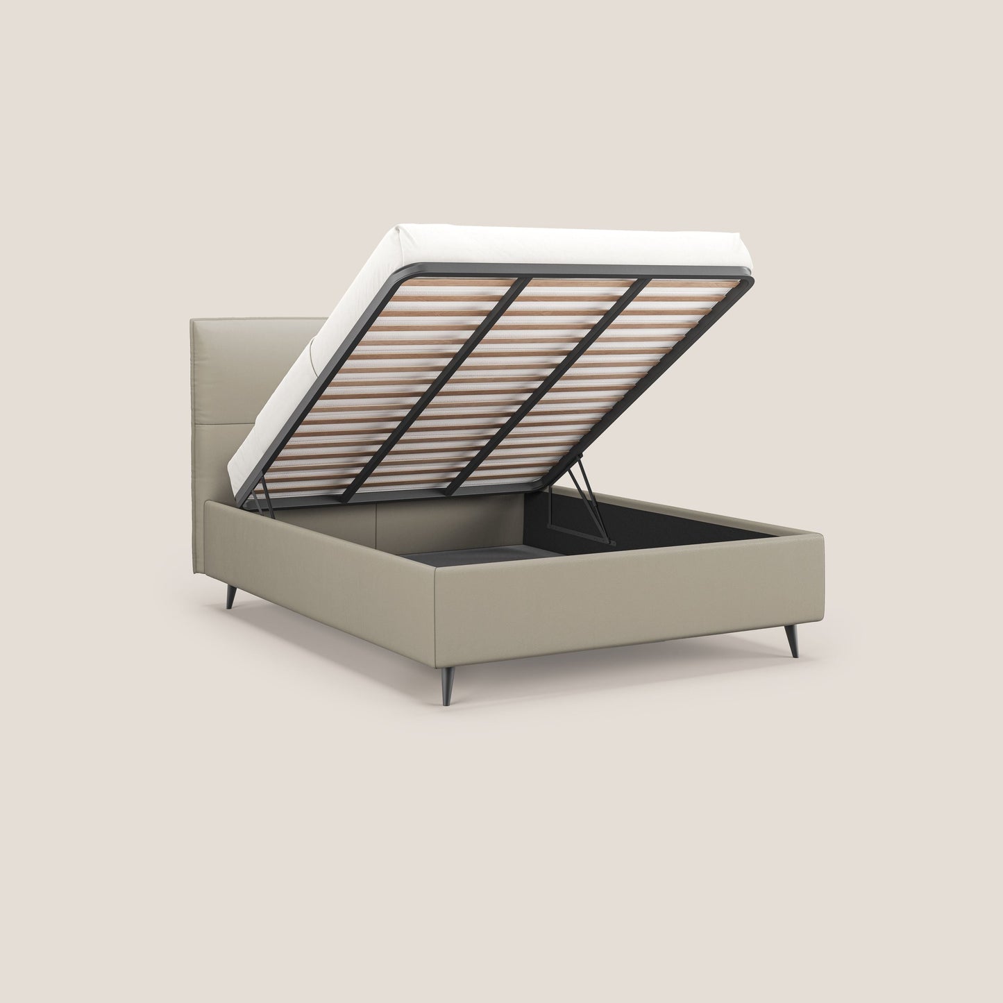 Greta letto contenitore dimensioni SLIM con testata trapuntata in ecopelle impermeabile T04 tortora 