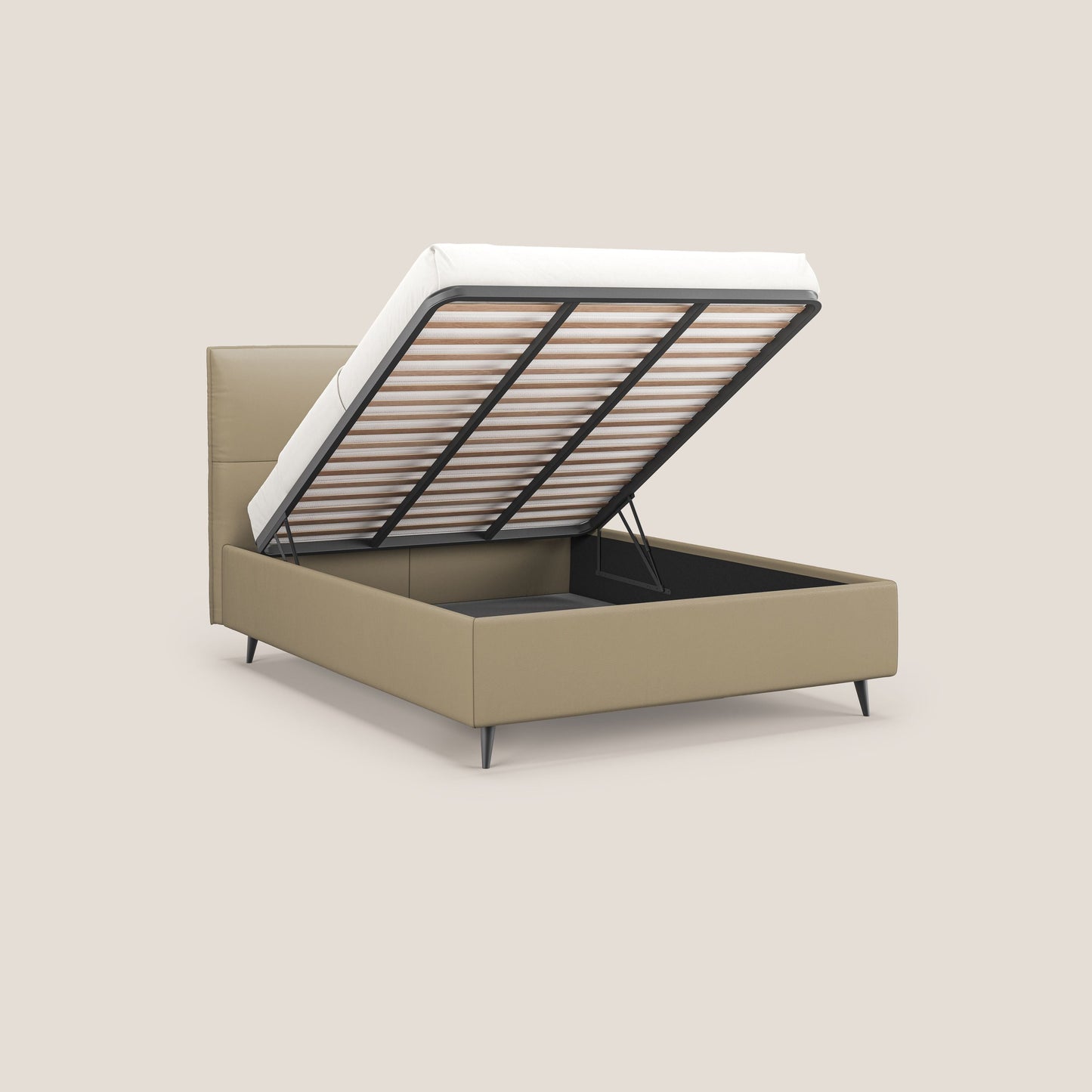 Greta letto contenitore dimensioni SLIM con testata trapuntata in ecopelle impermeabile T04 beige 