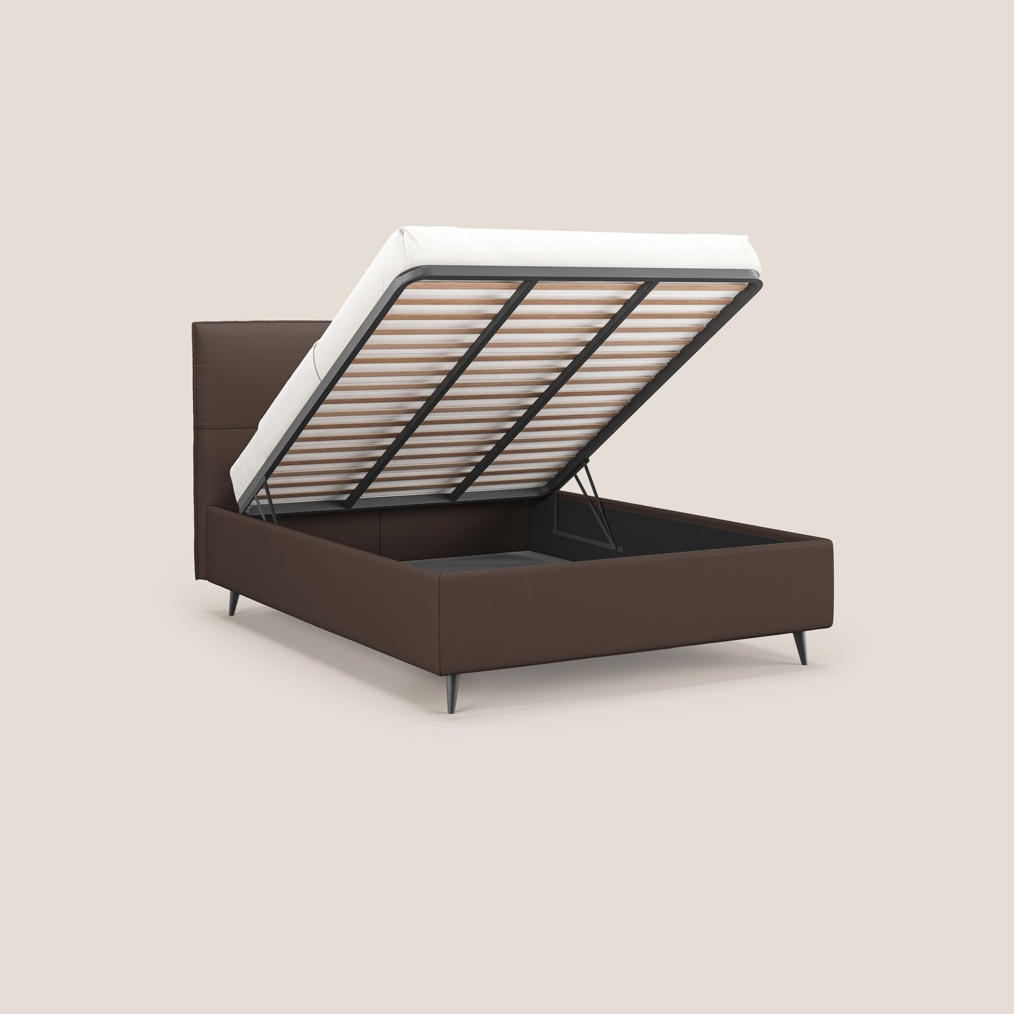 Greta letto contenitore dimensioni SLIM con testata trapuntata in ecopelle impermeabile T04 marrone 
