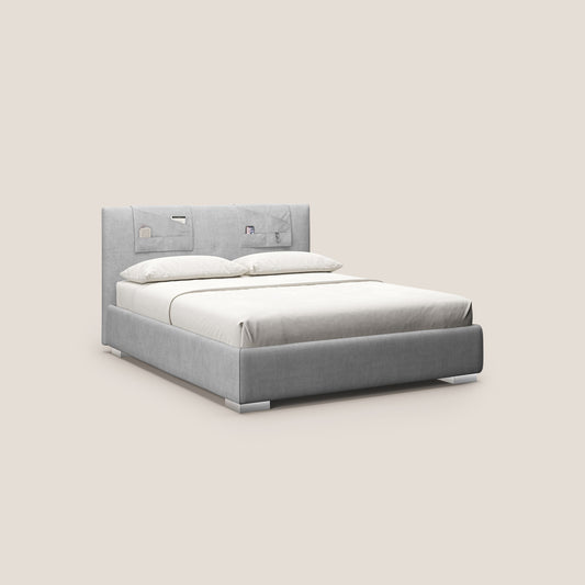 Horus letto imbottito contenitore e presa USB sulla testata in tessuto impermeabile T02 grigio chiaro 