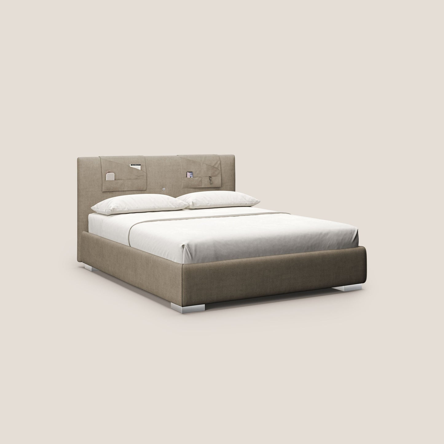 Horus letto imbottito contenitore e presa USB sulla testata in tessuto impermeabile T02 beige 