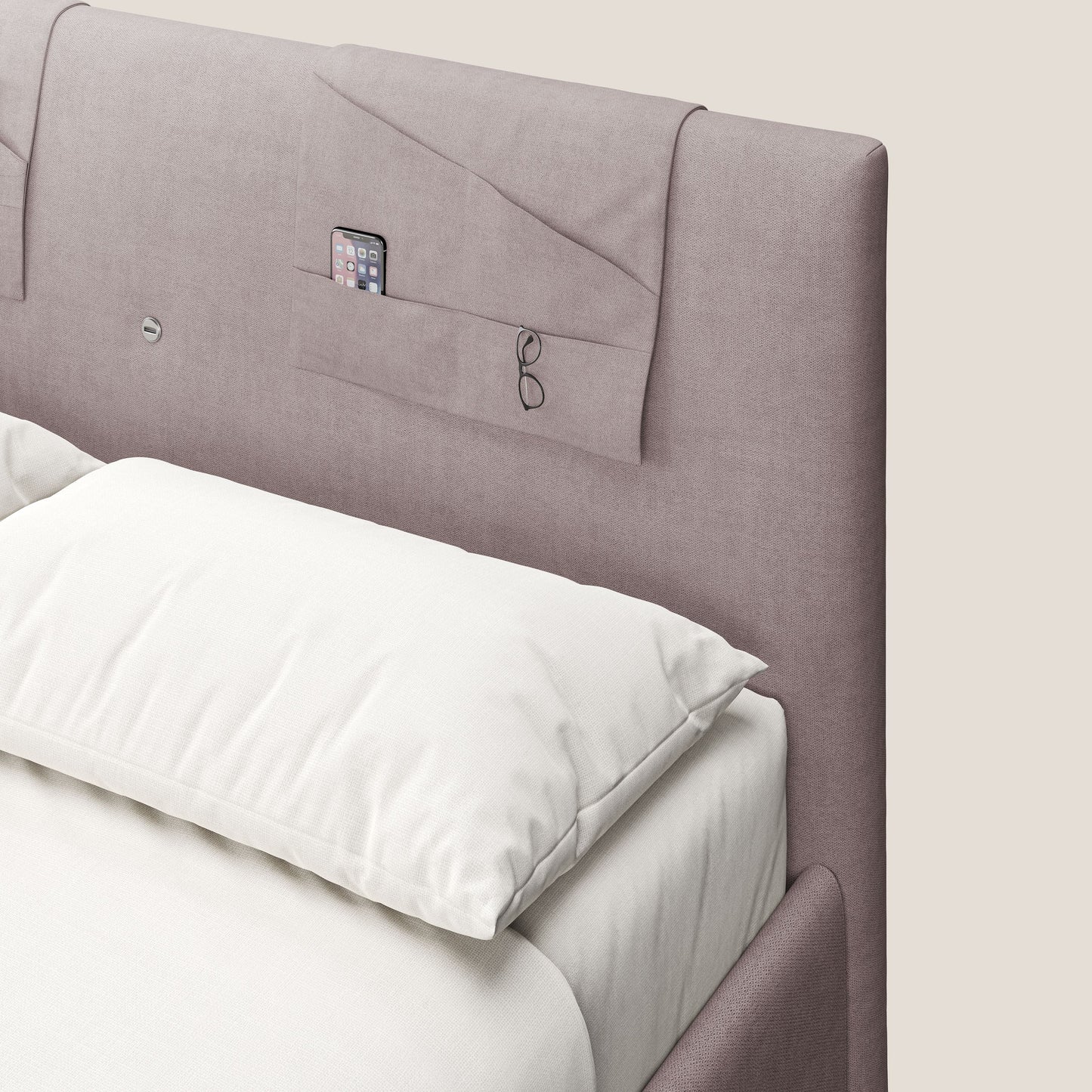 Horus letto imbottito contenitore e presa USB sulla testata in tessuto impermeabile T02 rosa 