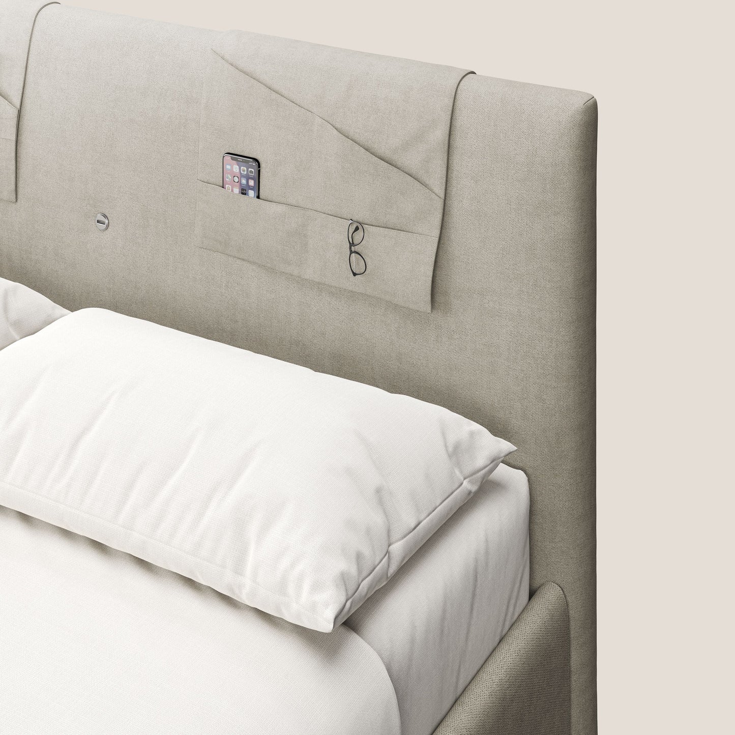 Horus letto imbottito contenitore e presa USB sulla testata in tessuto impermeabile T02 panna 