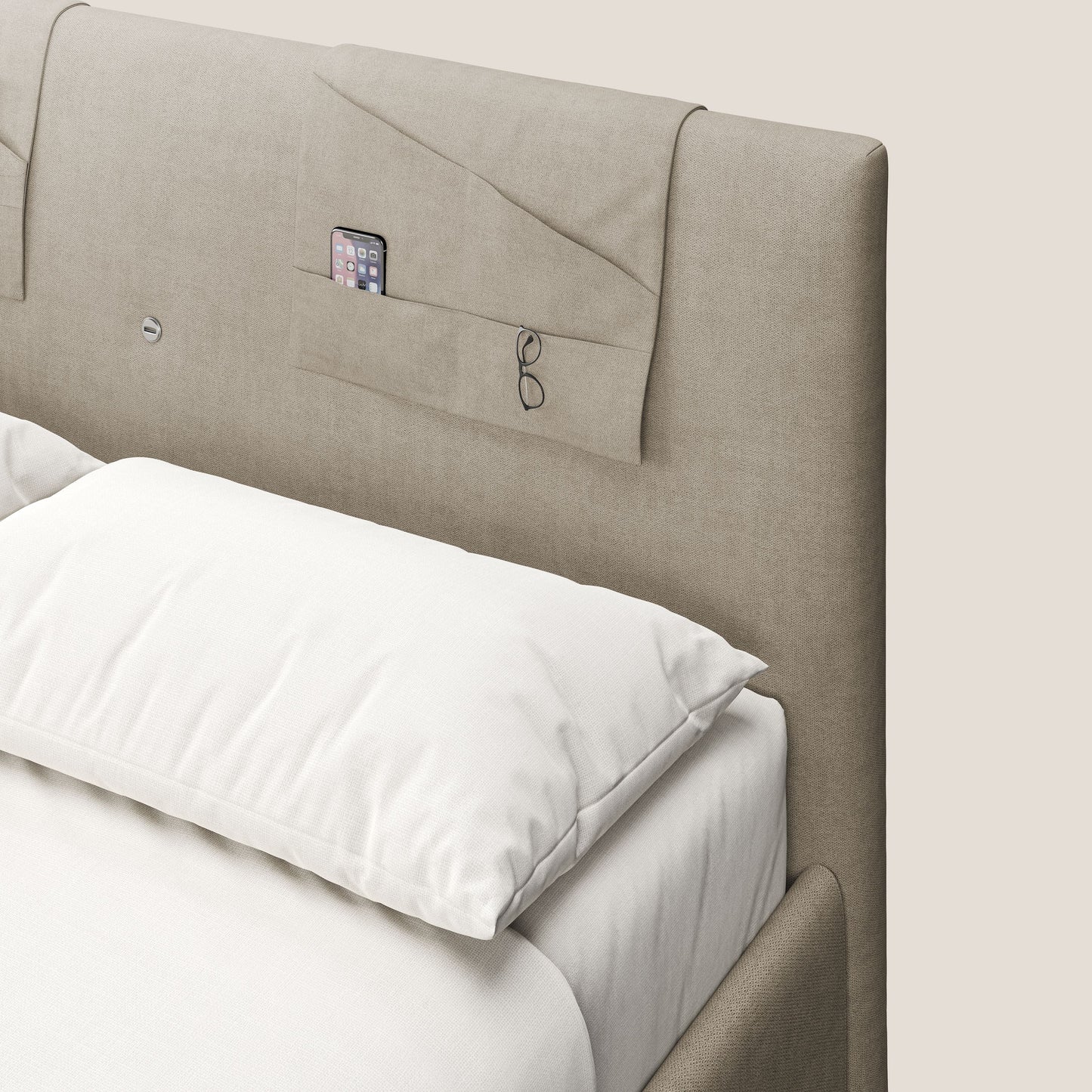 Horus letto imbottito contenitore e presa USB sulla testata in tessuto impermeabile T02 beige 