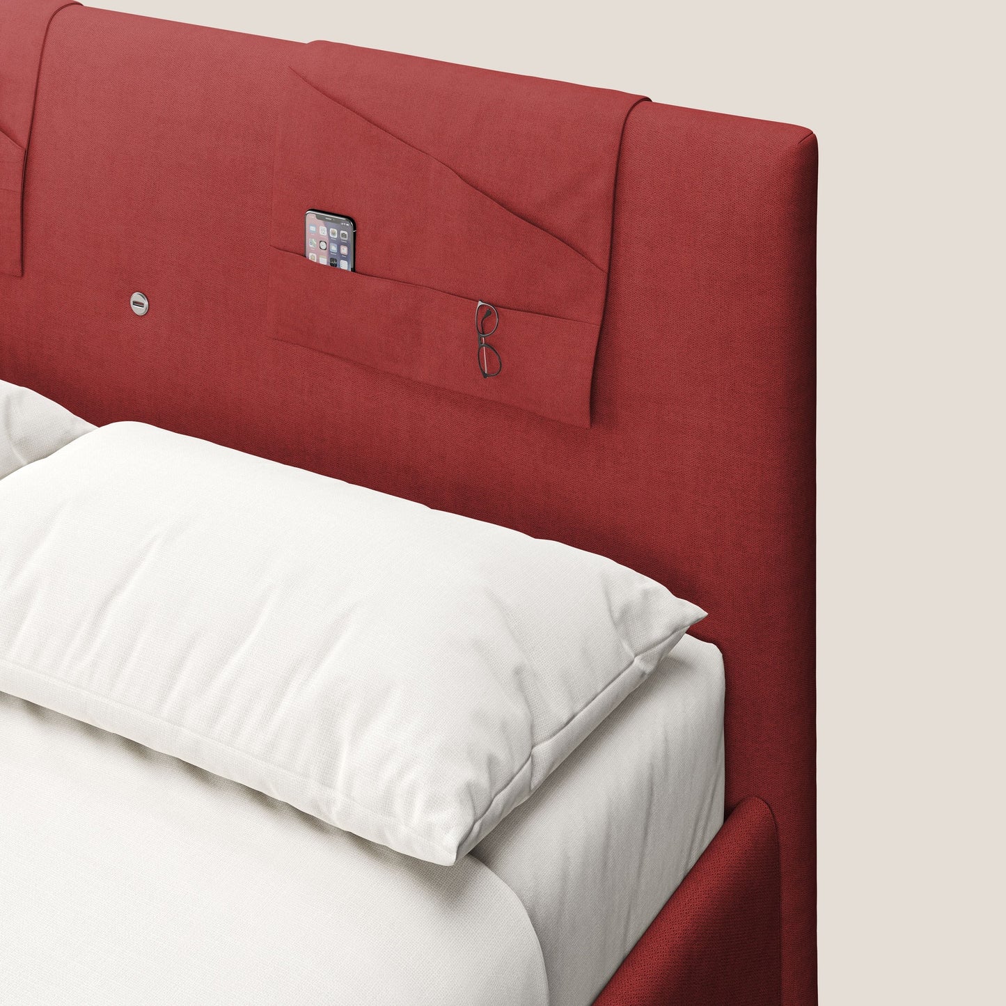 Horus letto imbottito contenitore e presa USB sulla testata in tessuto impermeabile T02 rosso 