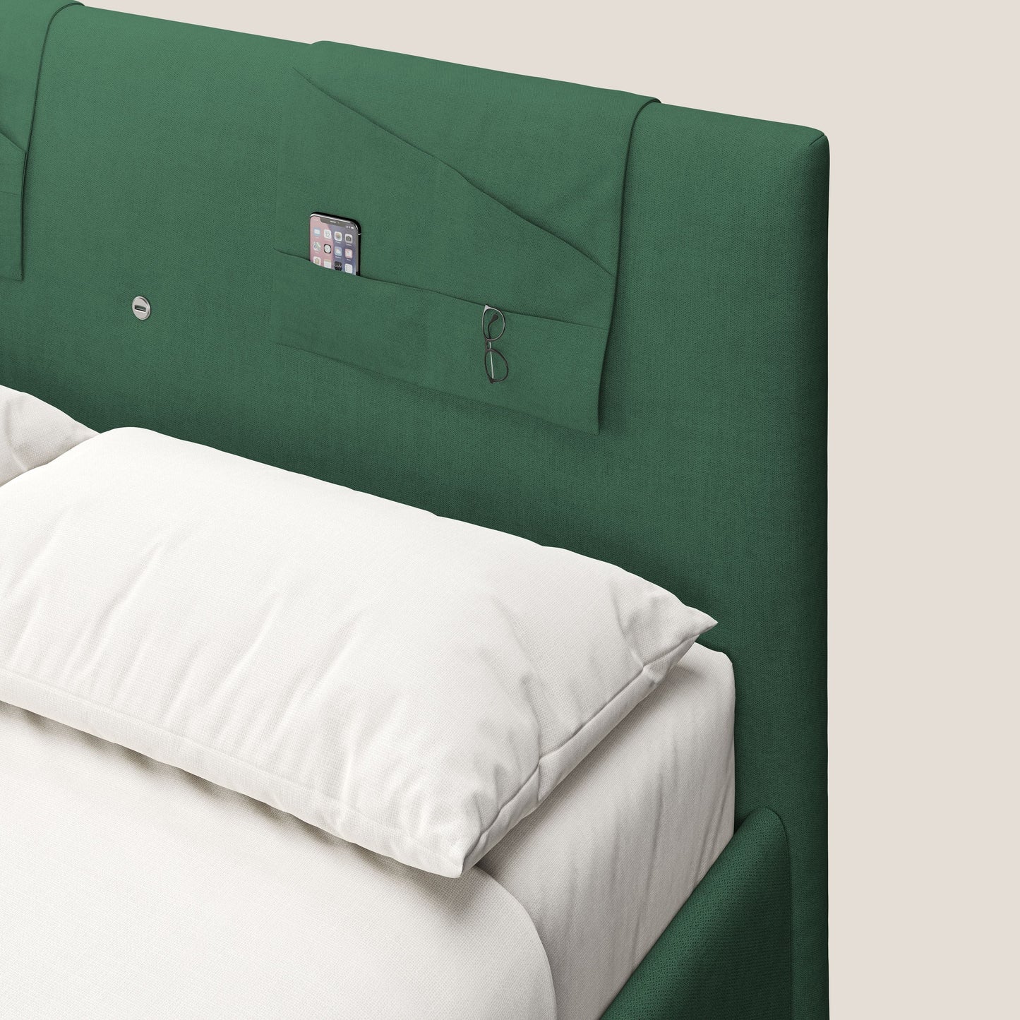 Horus letto imbottito contenitore e presa USB sulla testata in tessuto impermeabile T02 verde 