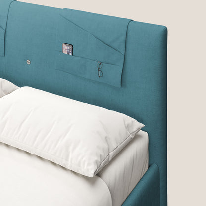 Horus letto imbottito contenitore e presa USB sulla testata in tessuto impermeabile T02 azzurro 