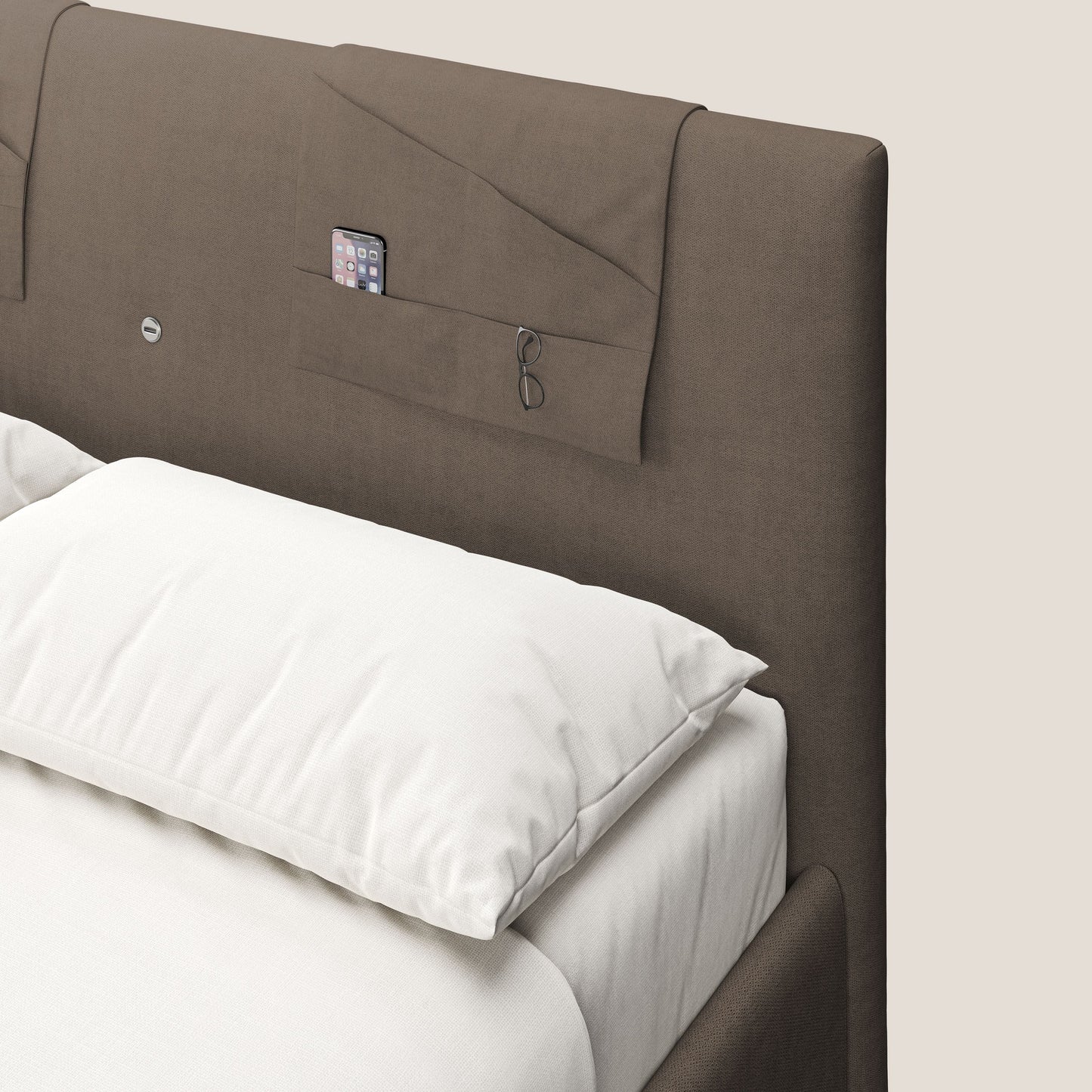 Horus letto imbottito contenitore e presa USB sulla testata in tessuto impermeabile T02 marrone 