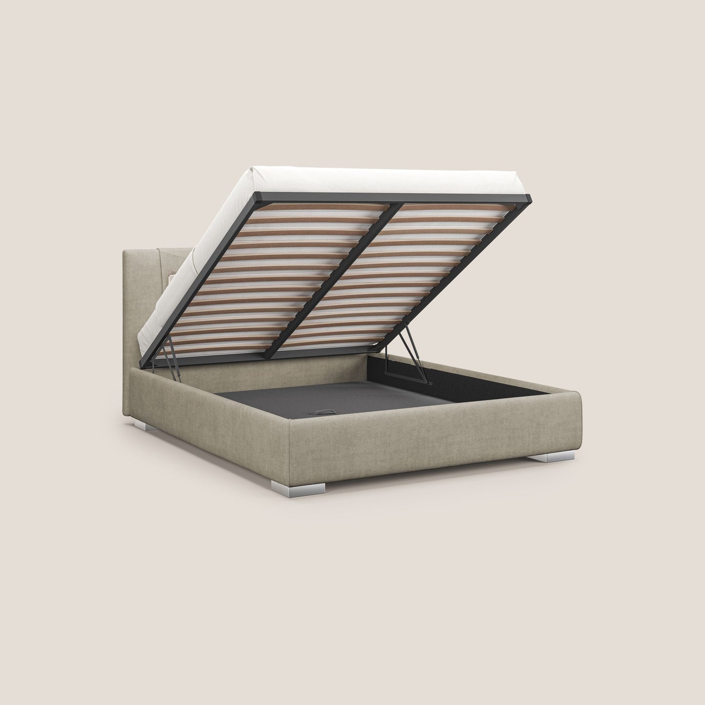 Horus letto imbottito contenitore e presa USB sulla testata in tessuto impermeabile T02 panna 