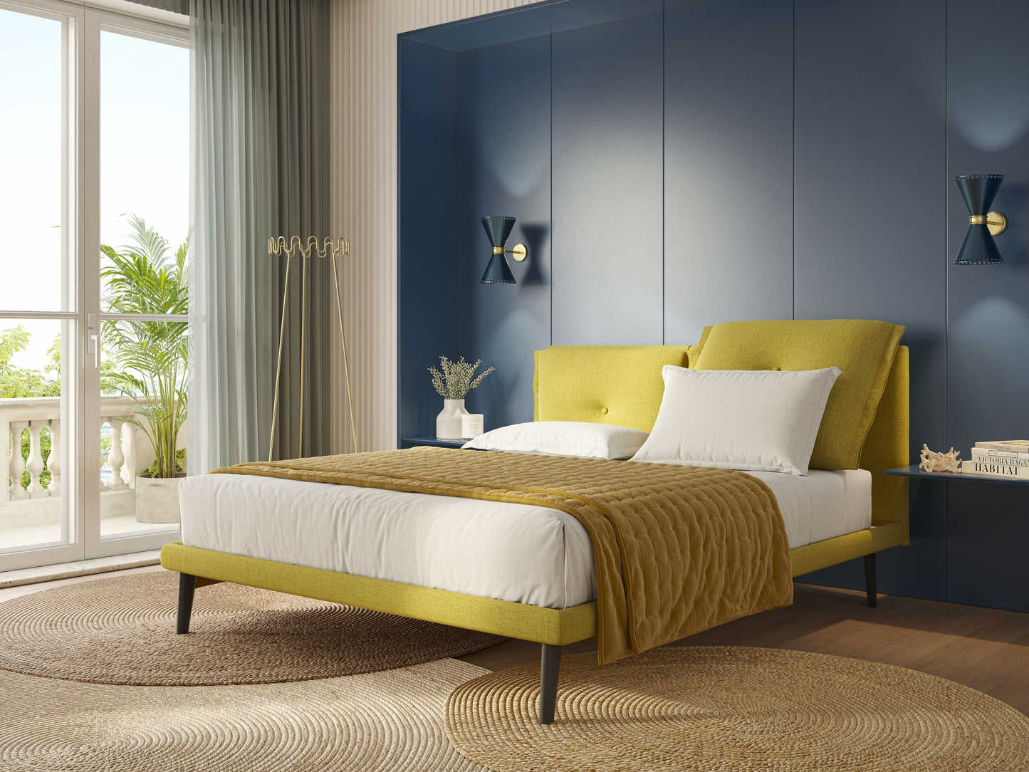 Ibuki letto con cuscini trapuntati regolabili e piedi in mogano in tessuto fiammato impermeabile T03 giallo 