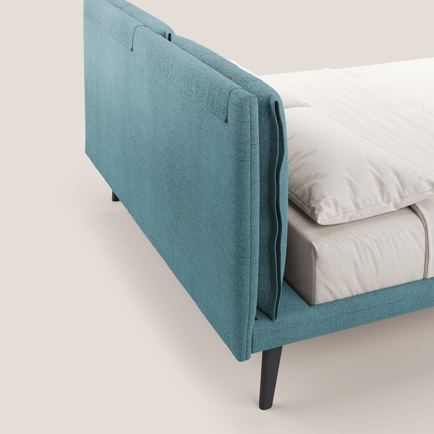 Ibuki letto con cuscini trapuntati regolabili e piedi in mogano in tessuto fiammato impermeabile T03 azzurro