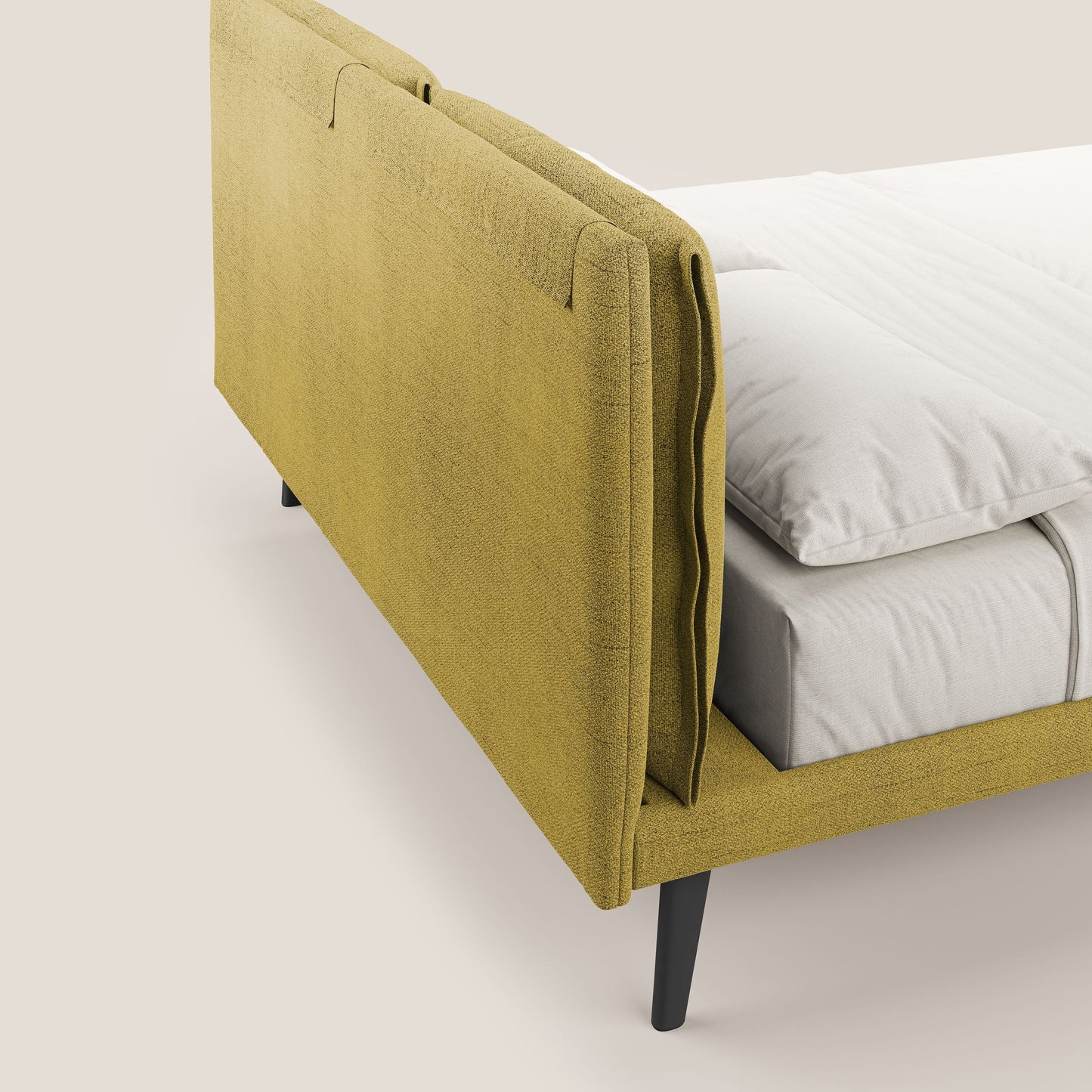 Ibuki letto con cuscini trapuntati regolabili e piedi in mogano in tessuto fiammato impermeabile T03 giallo 