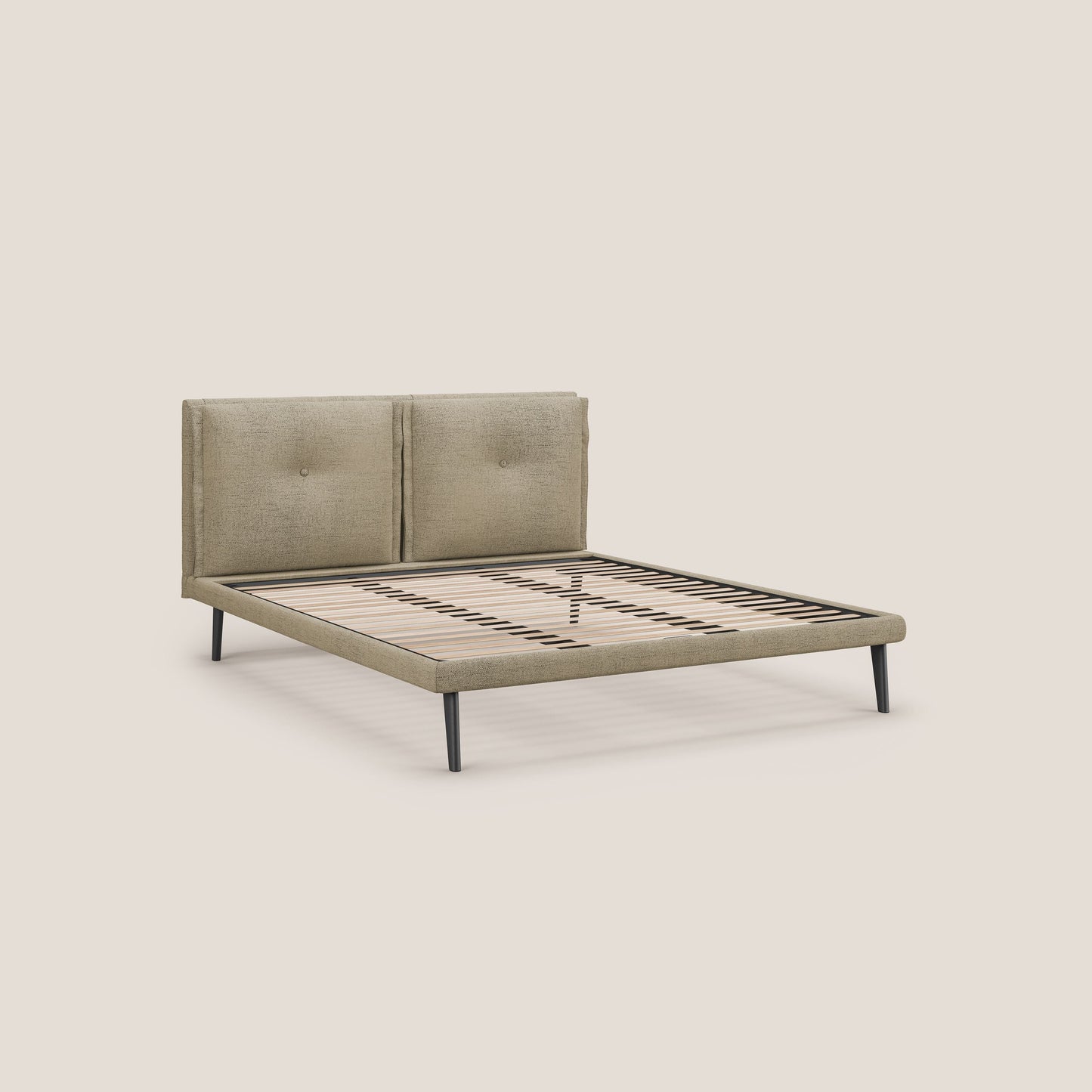 Ibuki letto con cuscini trapuntati regolabili e piedi in mogano in tessuto fiammato impermeabile T03 beige 
