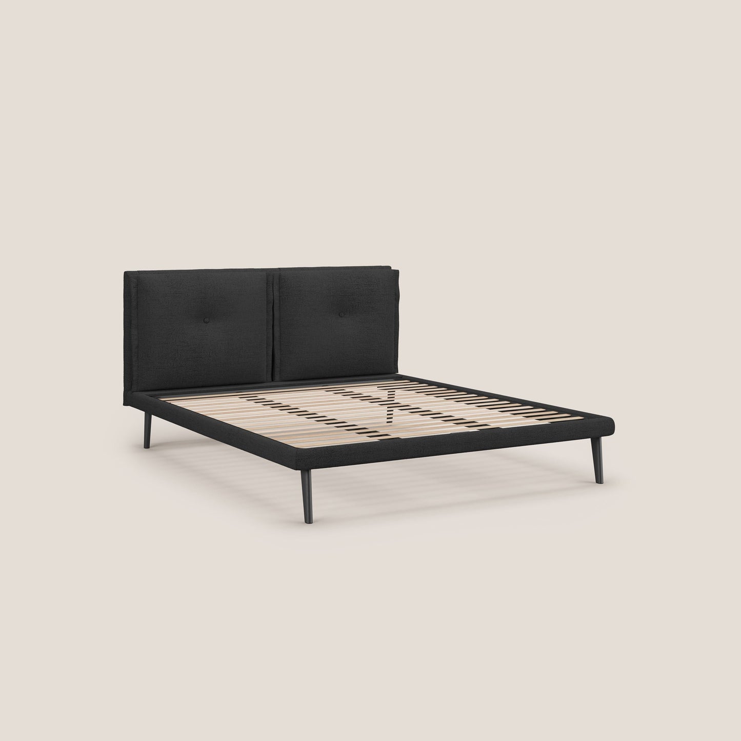 Ibuki letto con cuscini trapuntati regolabili e piedi in mogano in tessuto fiammato impermeabile T03 antracite 