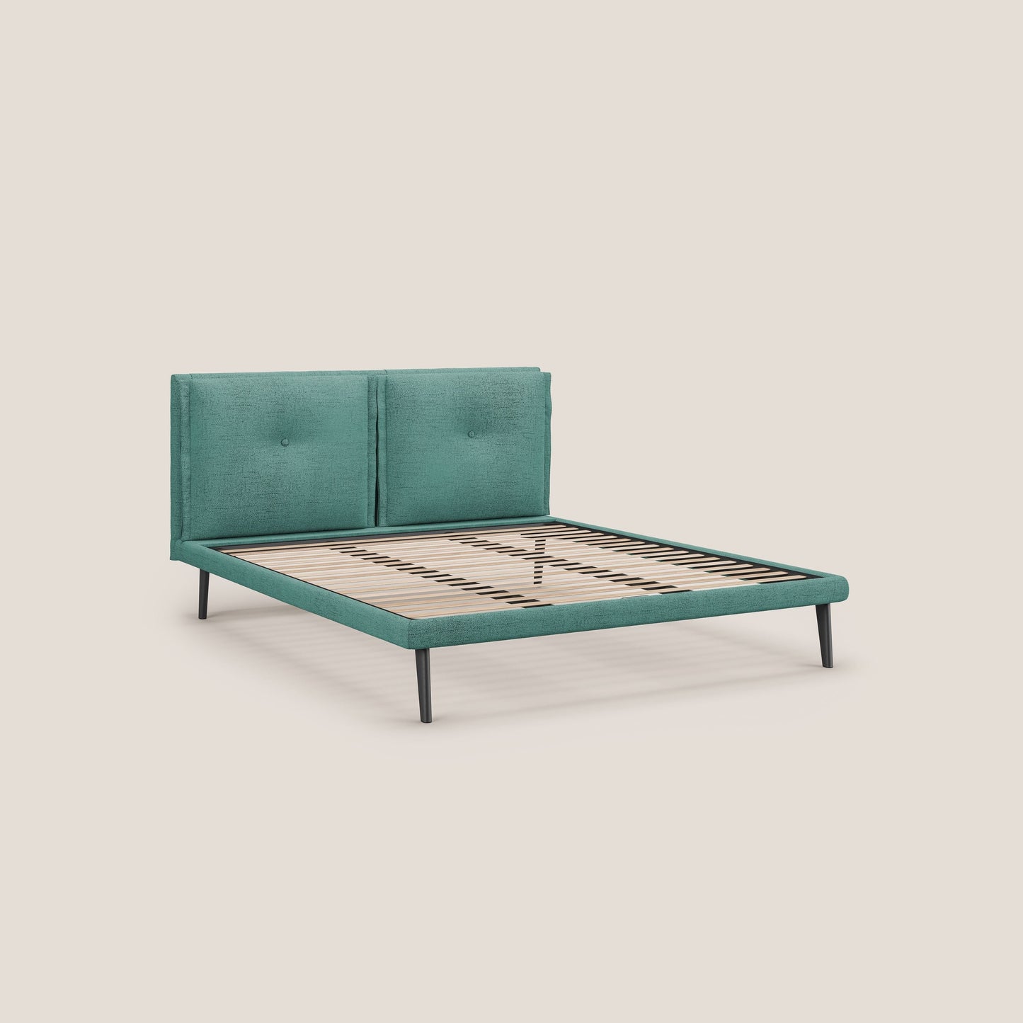 Ibuki letto con cuscini trapuntati regolabili e piedi in mogano in tessuto fiammato impermeabile T03 verde acqua 