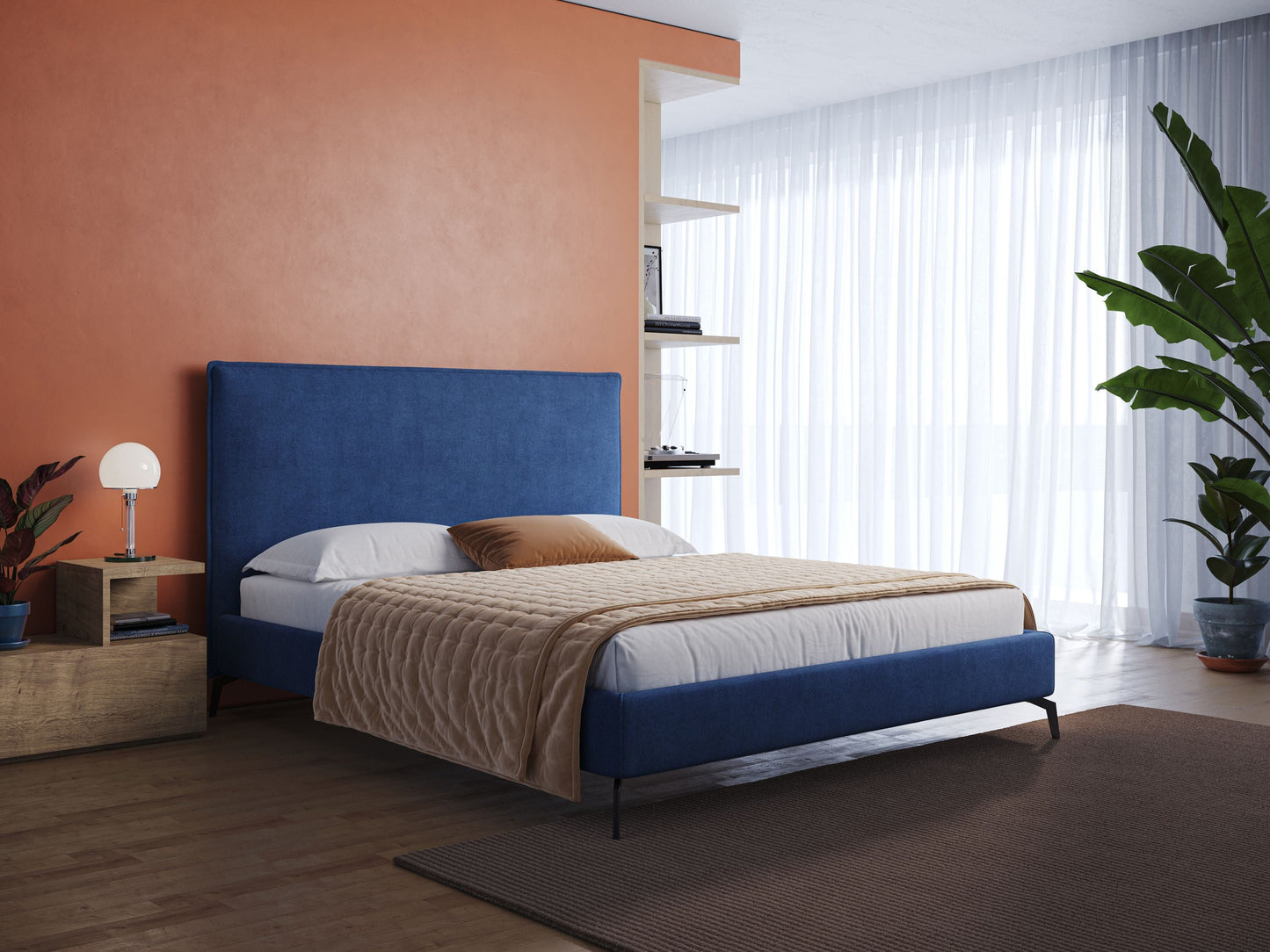 Iris letto imbottito con piedini neri sfoderabile in tessuto impermeabile T02 blu 