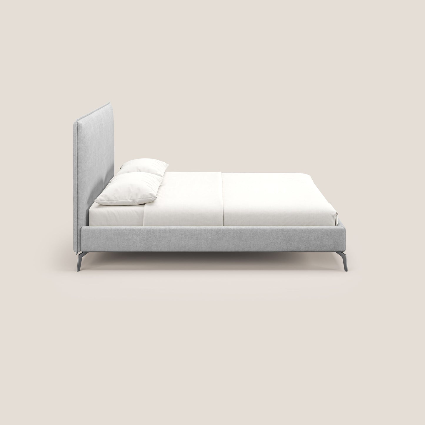 Iris letto imbottito con piedini neri sfoderabile in tessuto impermeabile T02 grigio chiaro 