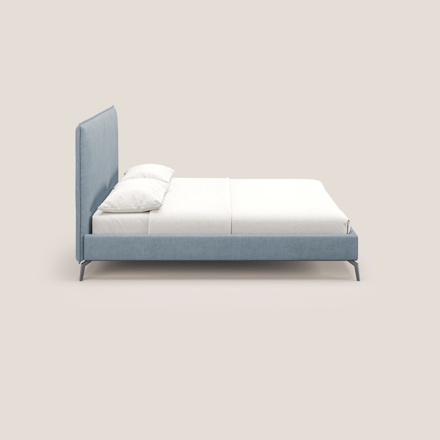 Iris letto imbottito con piedini neri sfoderabile in tessuto impermeabile T02 carta da zucchero 