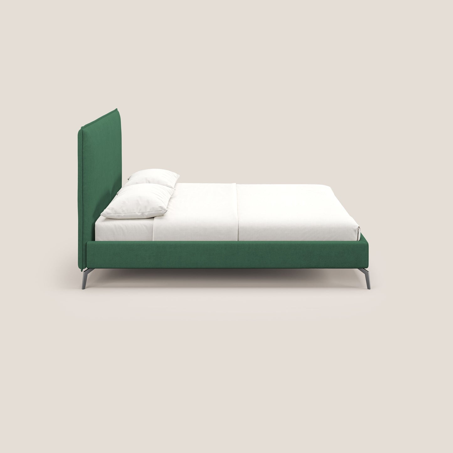 Iris letto imbottito con piedini neri sfoderabile in tessuto impermeabile T02 verde 
