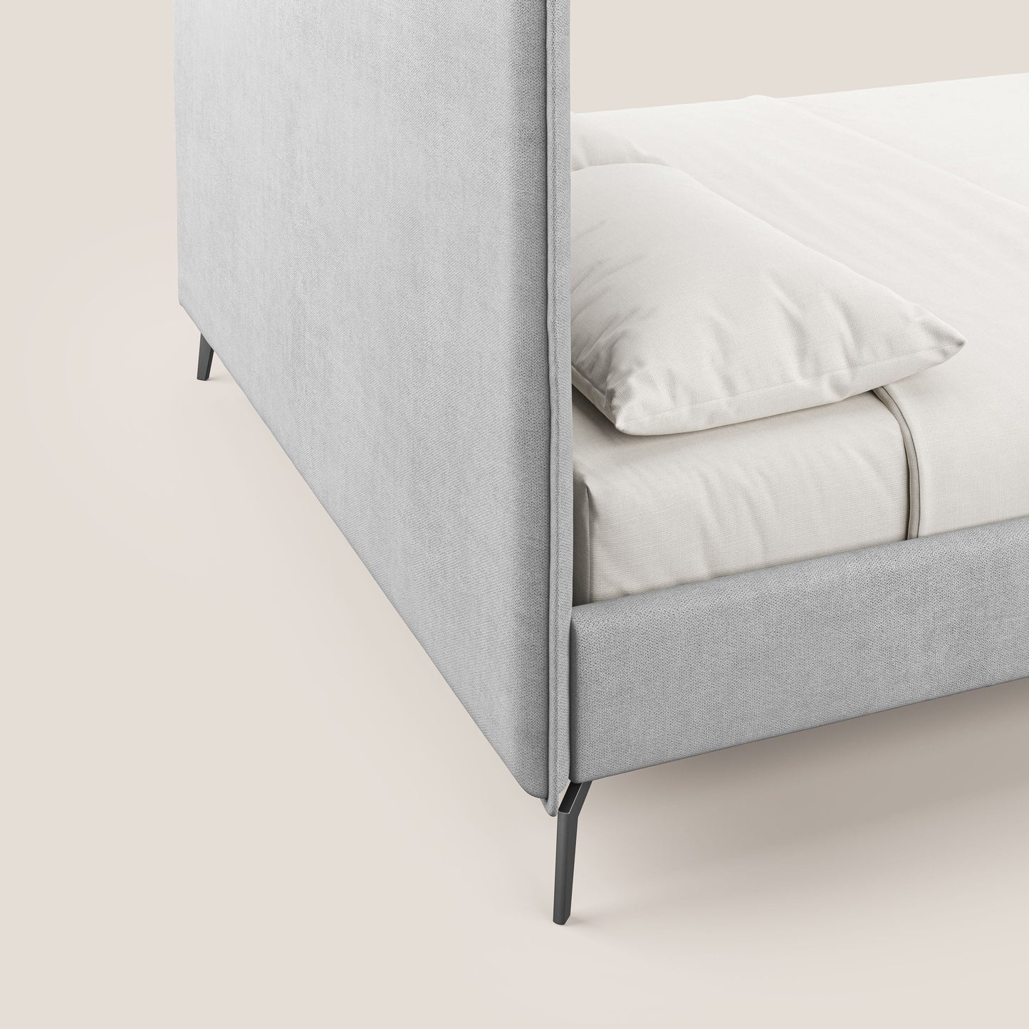 Iris letto imbottito con piedini neri sfoderabile in tessuto impermeabile T02 grigio chiaro 