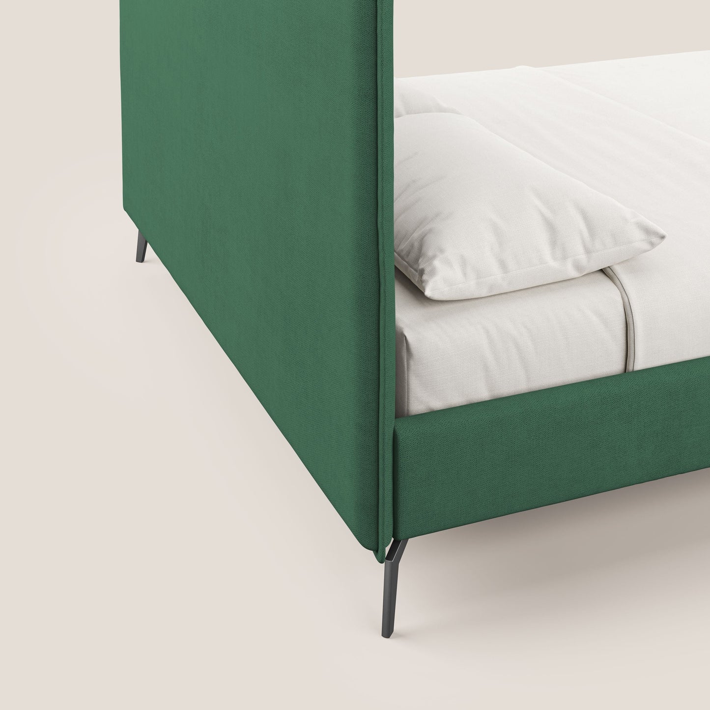 Iris letto imbottito con piedini neri sfoderabile in tessuto impermeabile T02 verde 