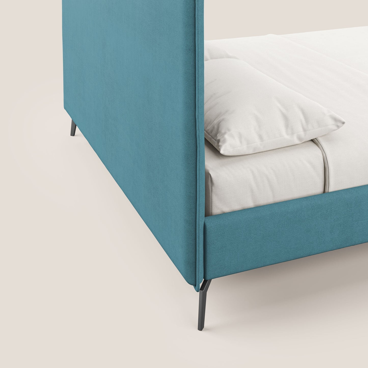 Iris letto imbottito con piedini neri sfoderabile in tessuto impermeabile T02 azzurro 