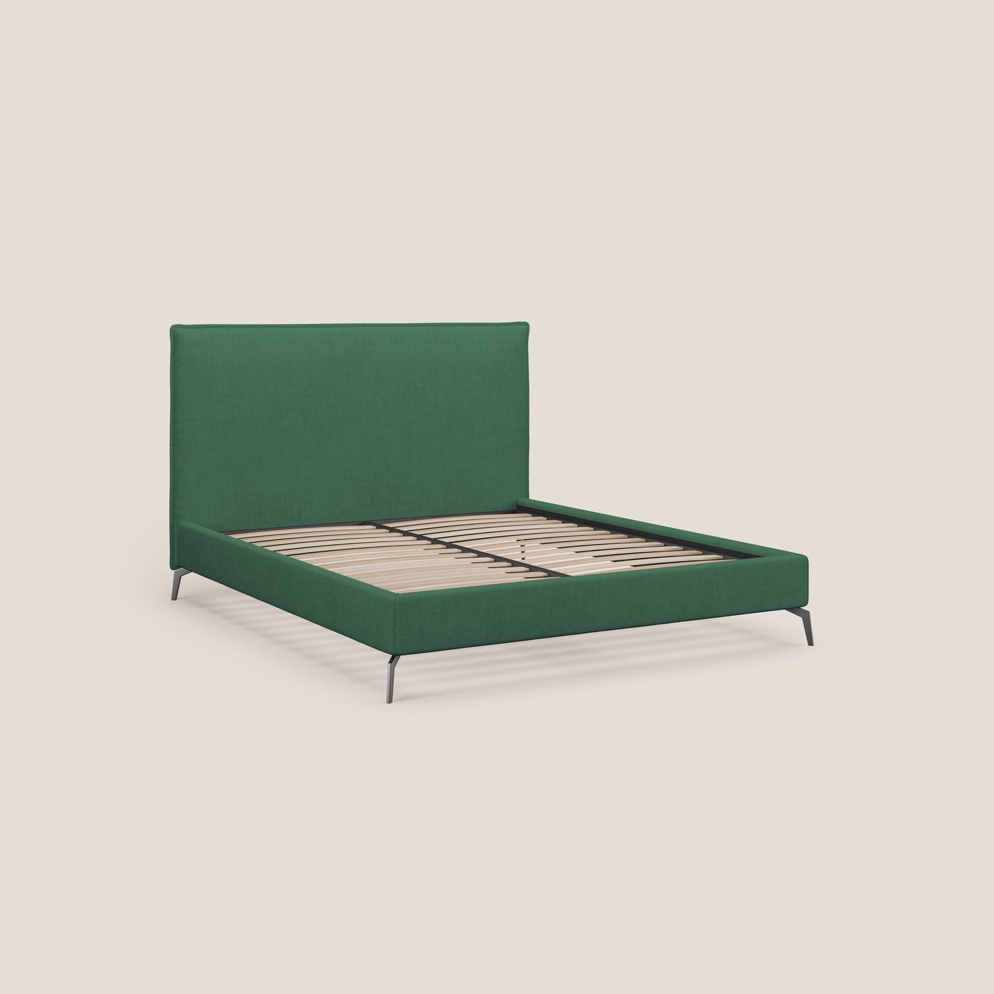 Iris letto imbottito con piedini neri sfoderabile in tessuto impermeabile T02 verde 