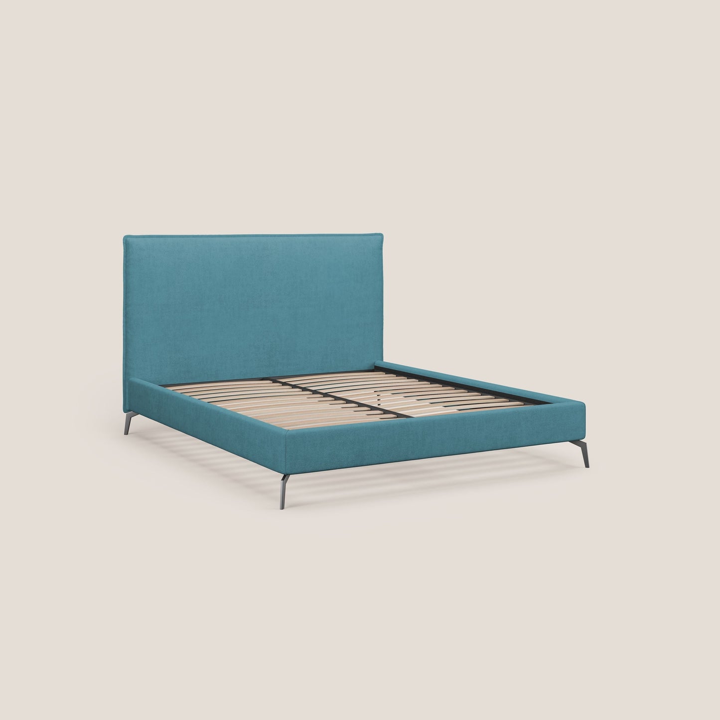 Iris letto imbottito con piedini neri sfoderabile in tessuto impermeabile T02 azzurro 