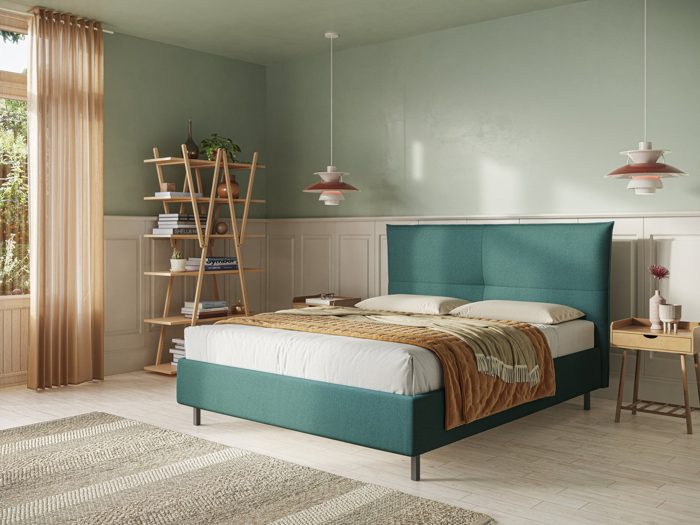 Izumi letto imbottito contenitore con piedi alti in tessuto smacchiabile T05 verde 