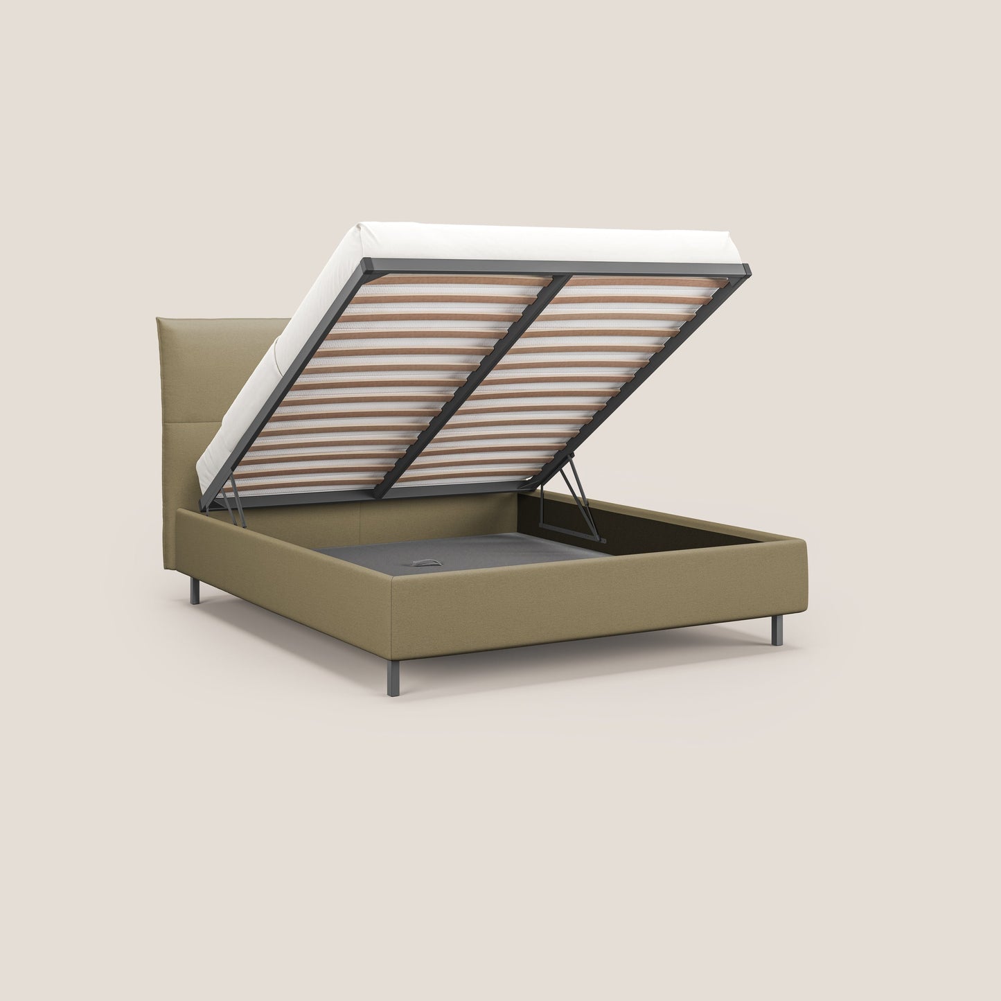 Izumi letto imbottito contenitore con piedi alti in tessuto smacchiabile T05 cammello 