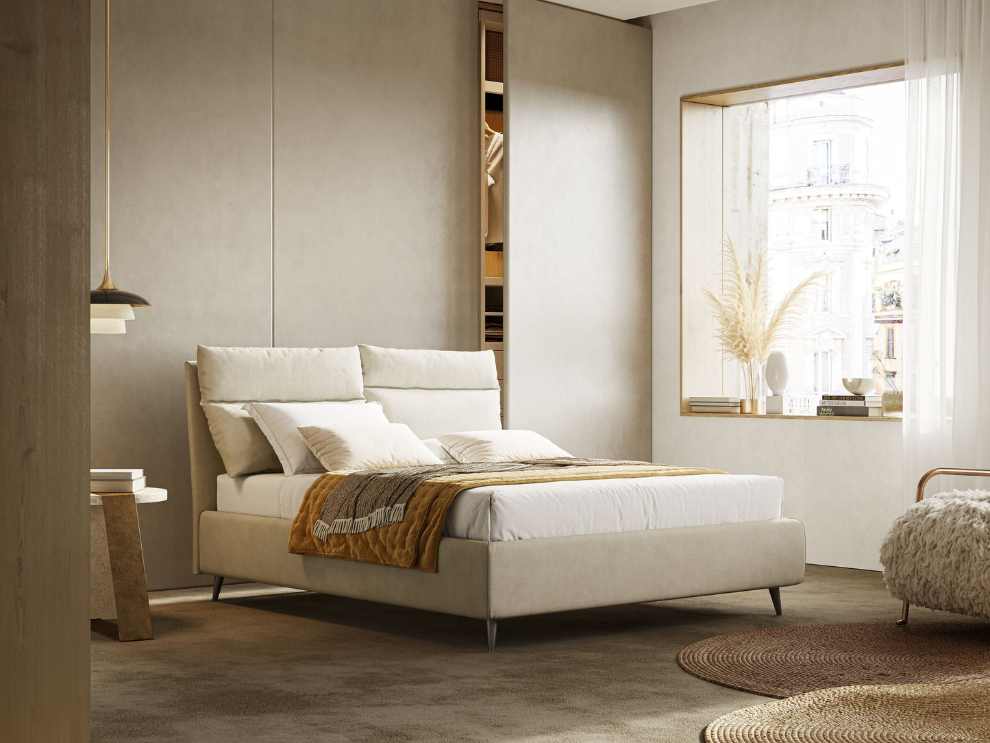 Jerry letto imbottito contenitore e cuscini reclinabili in tessuto smacchiabile T17 panna 