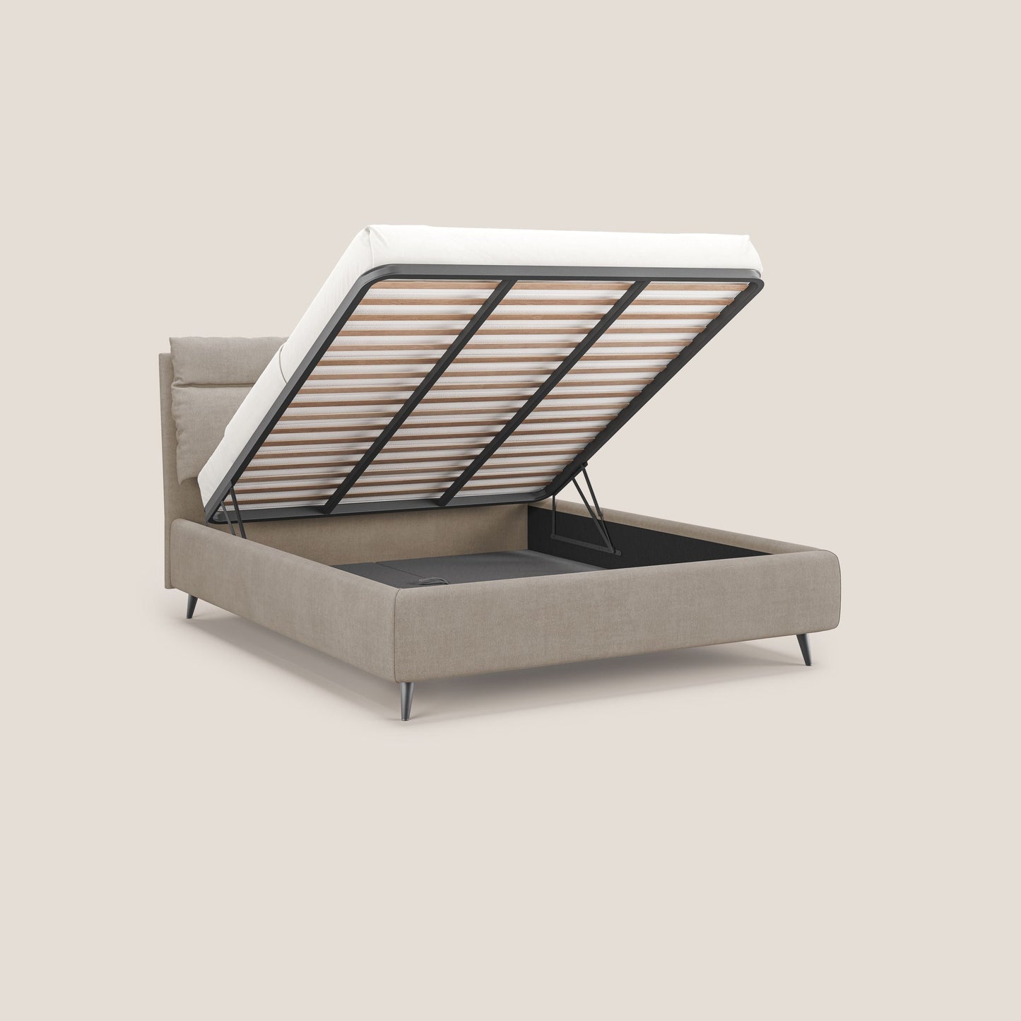 Jerry letto imbottito contenitore e cuscini reclinabili in tessuto smacchiabile T17 beige 