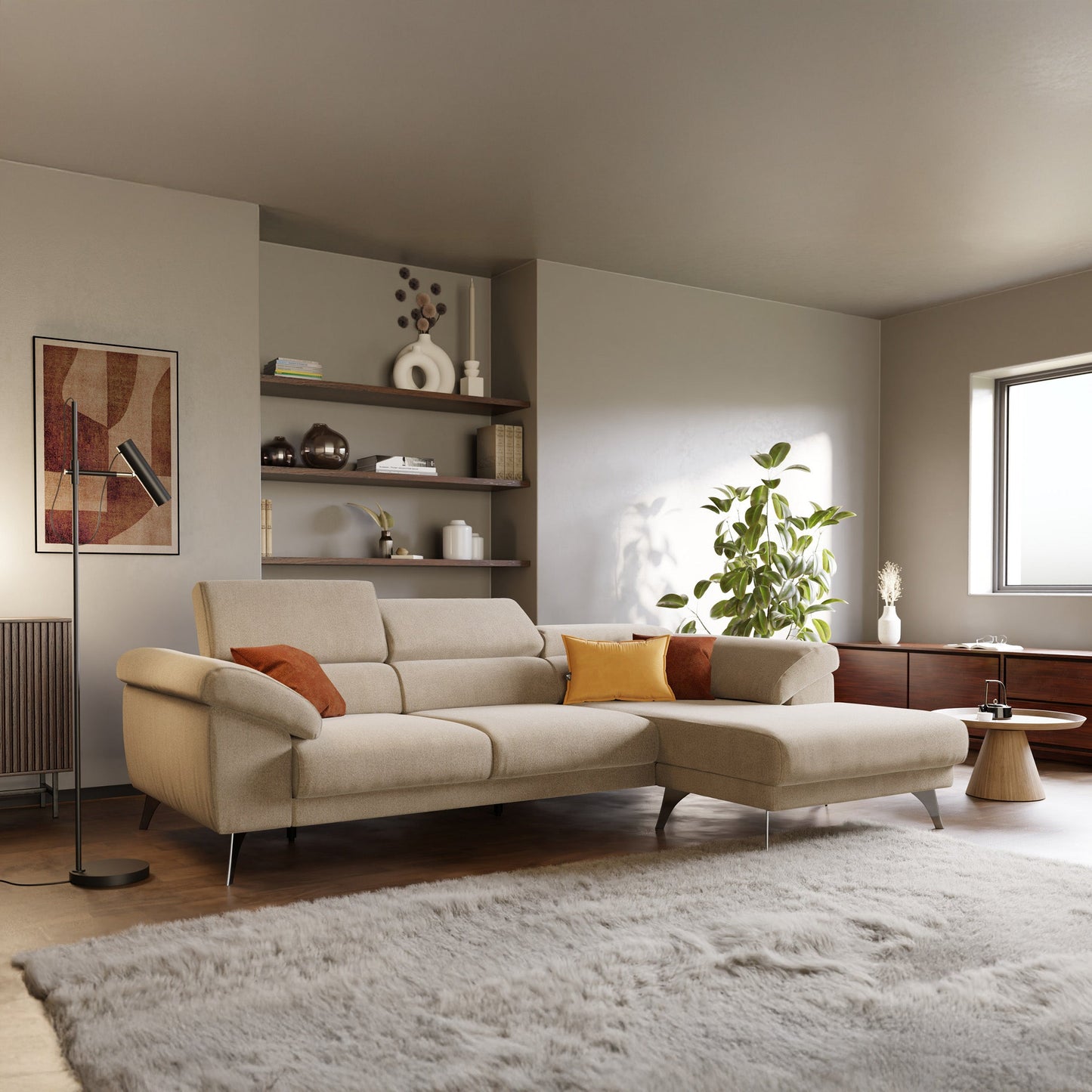 Donatello Divano angolare con sedute scorrevoli braccioli contenitore e poggiatesta in tessuto morbido smacchiabile T23 beige