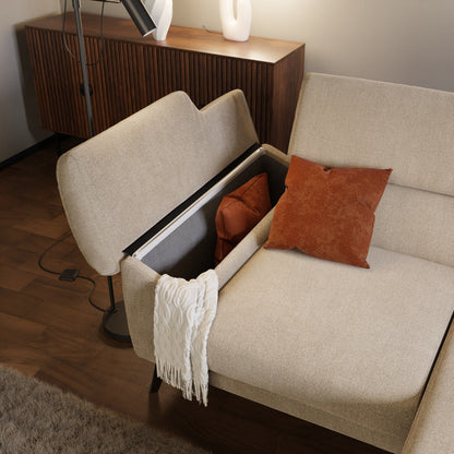 Donatello Divano angolare con sedute scorrevoli braccioli contenitore e poggiatesta in tessuto morbido smacchiabile T23 beige