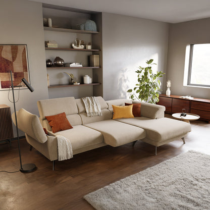 Donatello Divano angolare con sedute scorrevoli braccioli contenitore e poggiatesta in tessuto morbido smacchiabile T23 beige