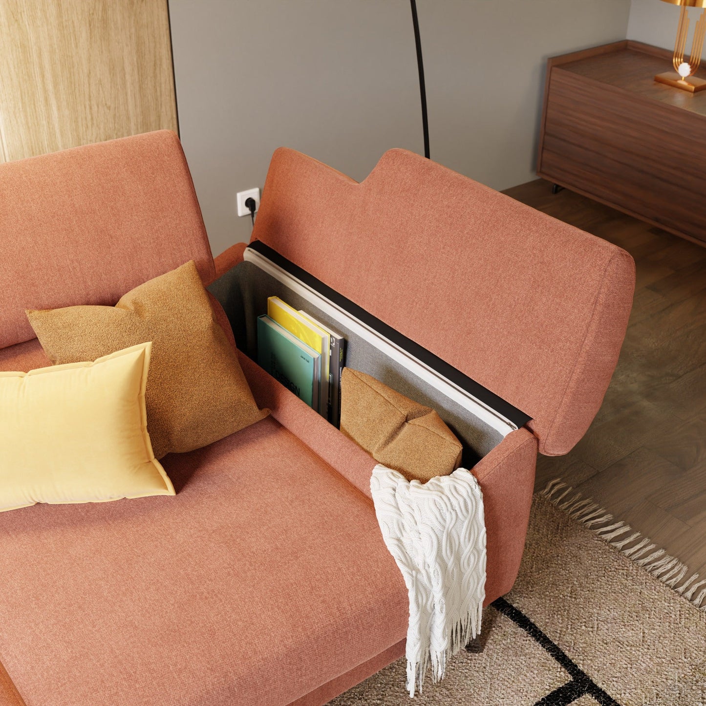 Donatello divano con 3 sedute allungabili braccioli contenitore e poggiatesta reclinabili in tessuto smacchiabile T23 pesca