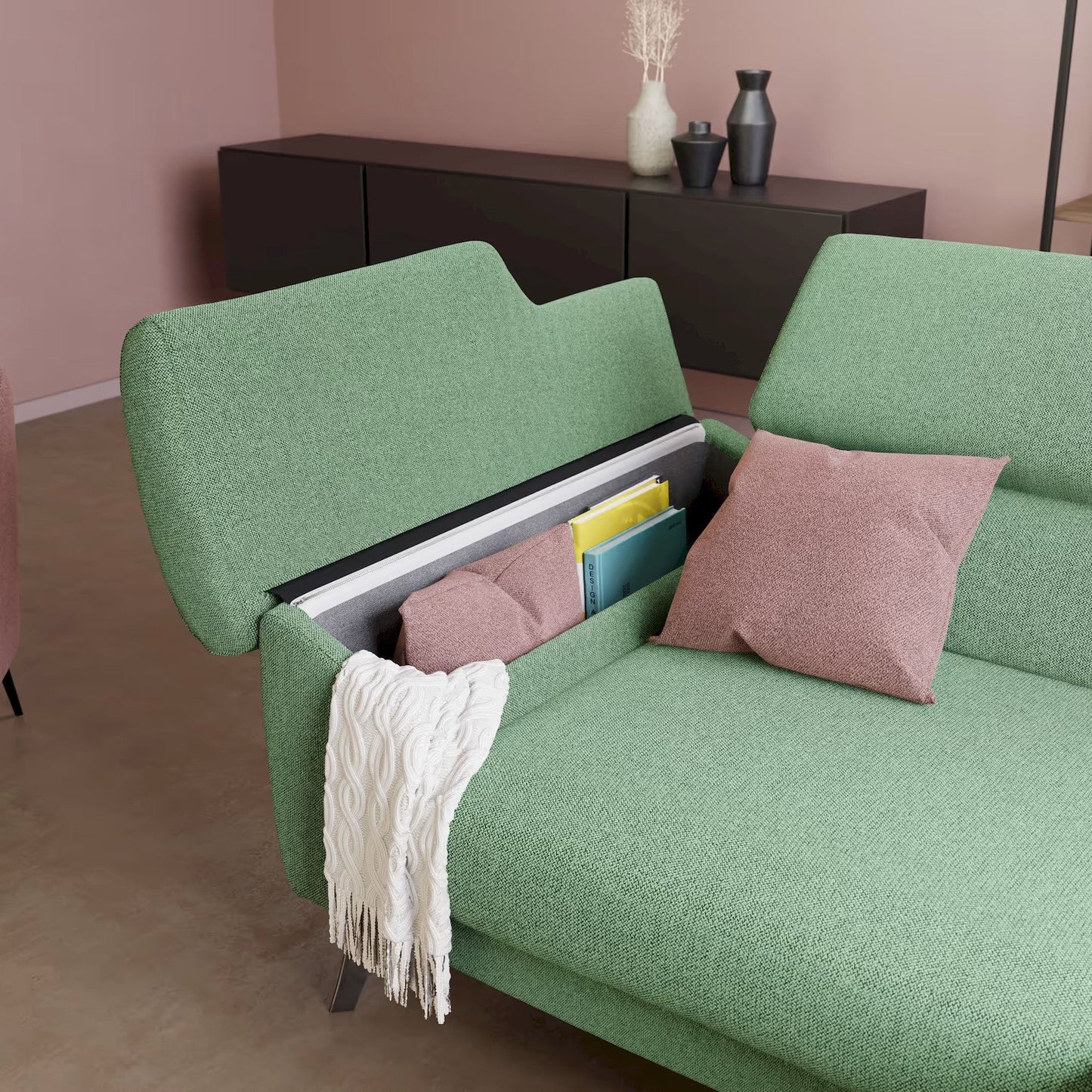 Donatello divano con sedute allungabili braccioli contenitore e poggiatesta reclinabili in tessuto smacchiabile T23 menta