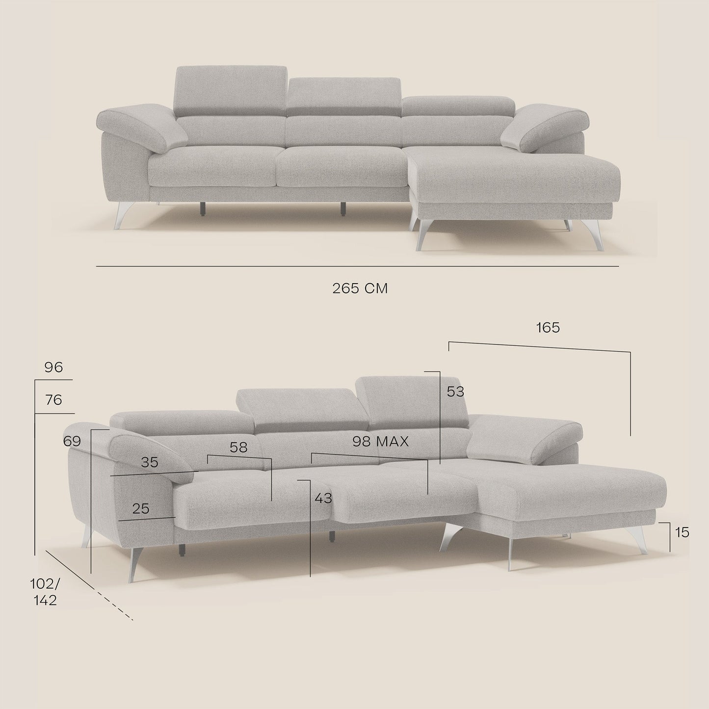 Donatello Divano angolare con sedute scorrevoli braccioli contenitore e poggiatesta in tessuto morbido smacchiabile T23 talpa