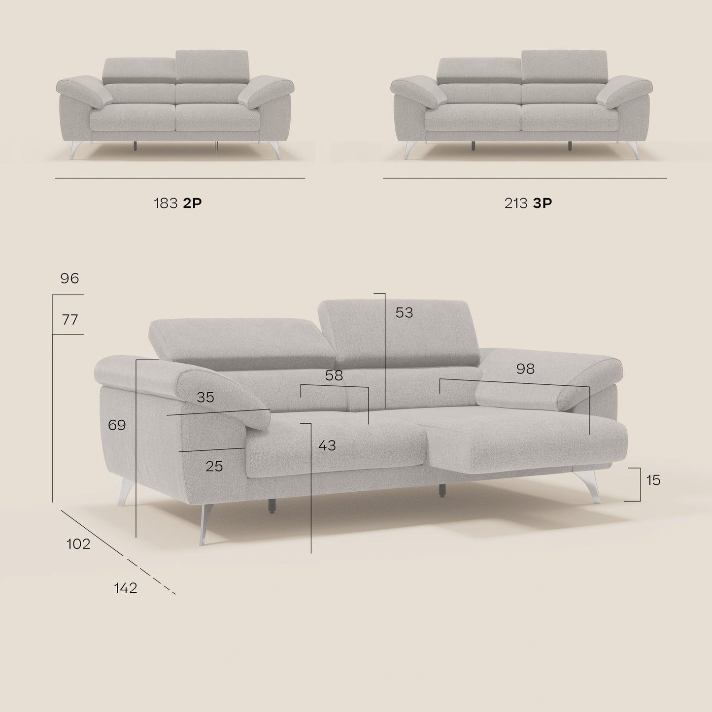 Donatello divano con sedute allungabili braccioli contenitore e poggiatesta reclinabili in tessuto smacchiabile T23 beige