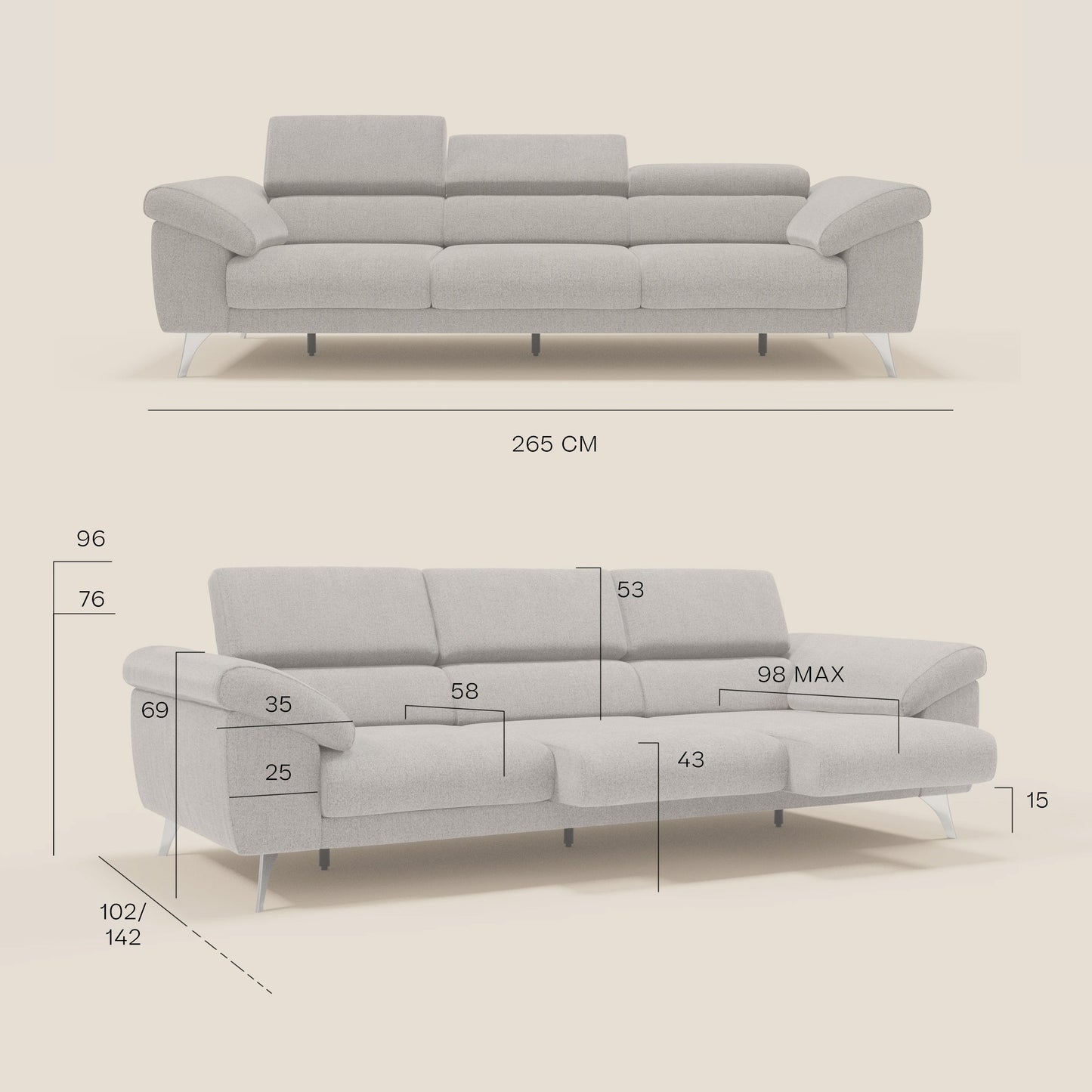 Donatello divano con 3 sedute allungabili braccioli contenitore e poggiatesta reclinabili in tessuto smacchiabile T23 beige