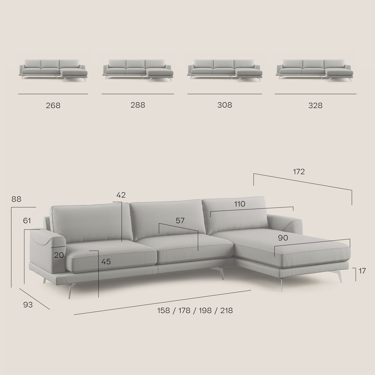 Dorian divano moderno angolare con penisola in tessuto morbido antimacchia T05 panna