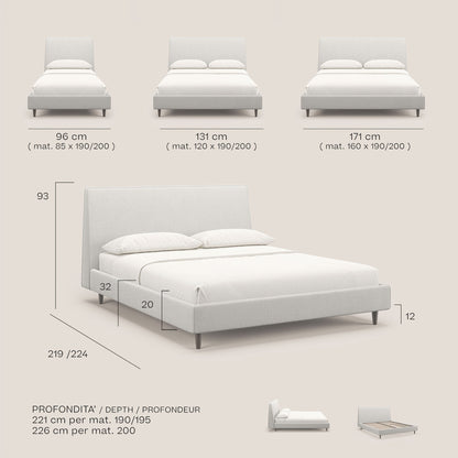 Dorotea letto imbottito con piedi in legno in morbido bouclé impermeabile T07 bianco 
