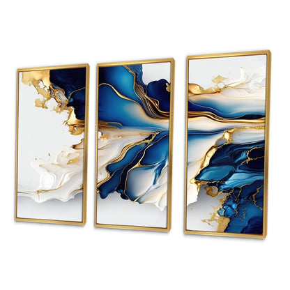 Designart Abstract Geode Gold And Blue Marble Shape III Modern Geometric Framed Canvas Art Print - 3 Panels