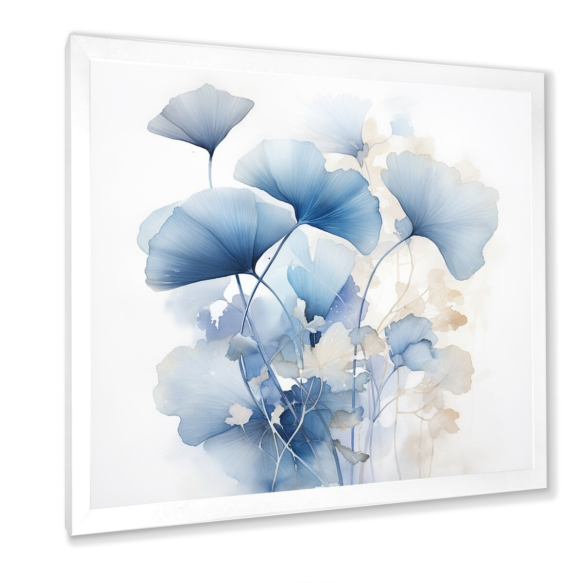 Designart Delicate Blue Ginko Leaves On White Watercolor Leaves Framed Wall Art Living Room