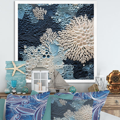 Designart Under Water Blue And White Corals Collage Coastal Framed Canvas Wall Art