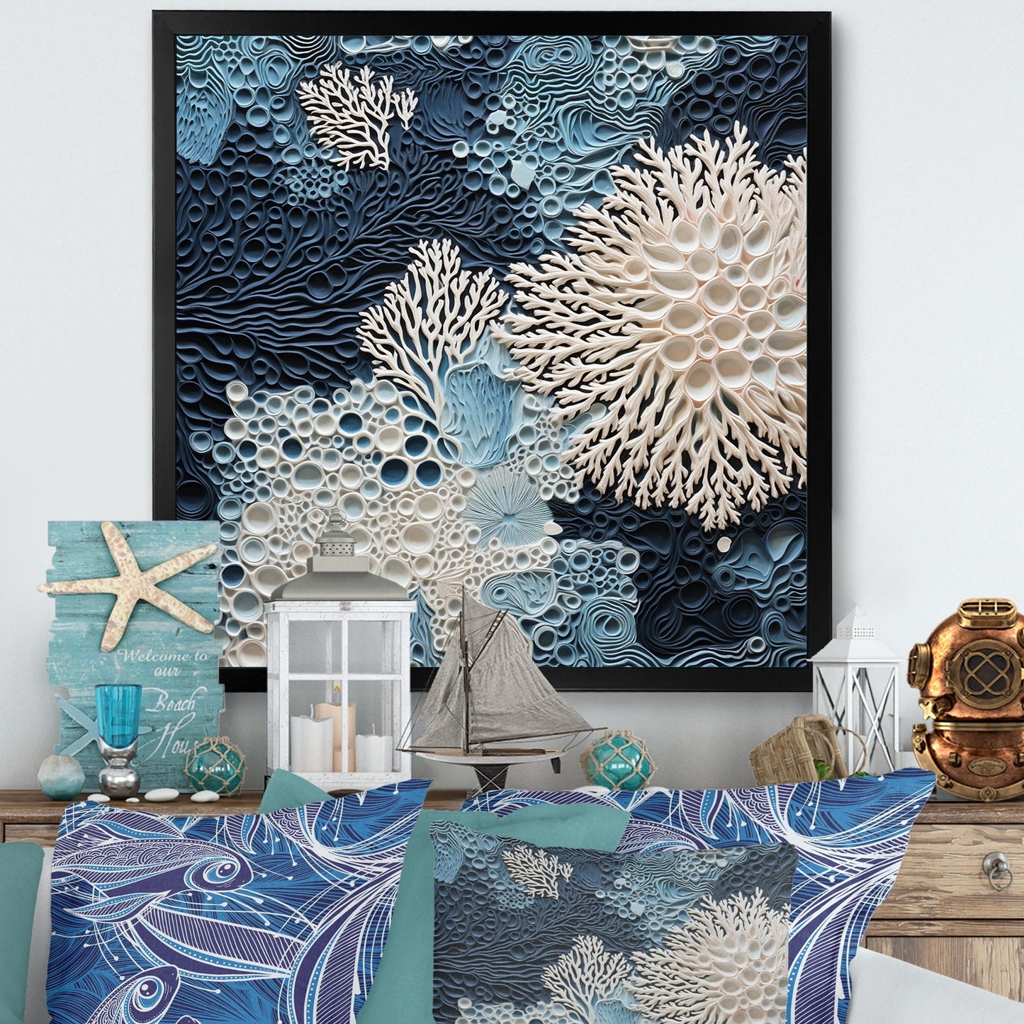 Designart Under Water Blue And White Corals Collage Coastal Framed Canvas Wall Art