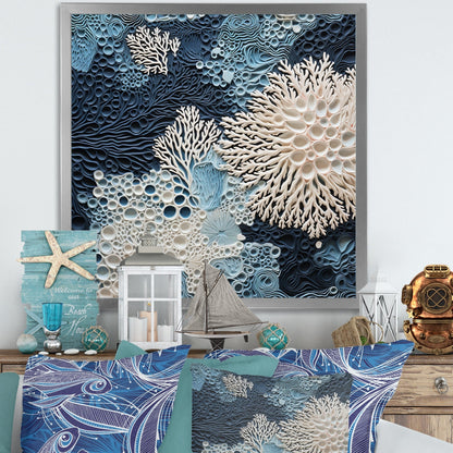 Designart Under Water Blue And White Corals Collage Coastal Framed Canvas Wall Art